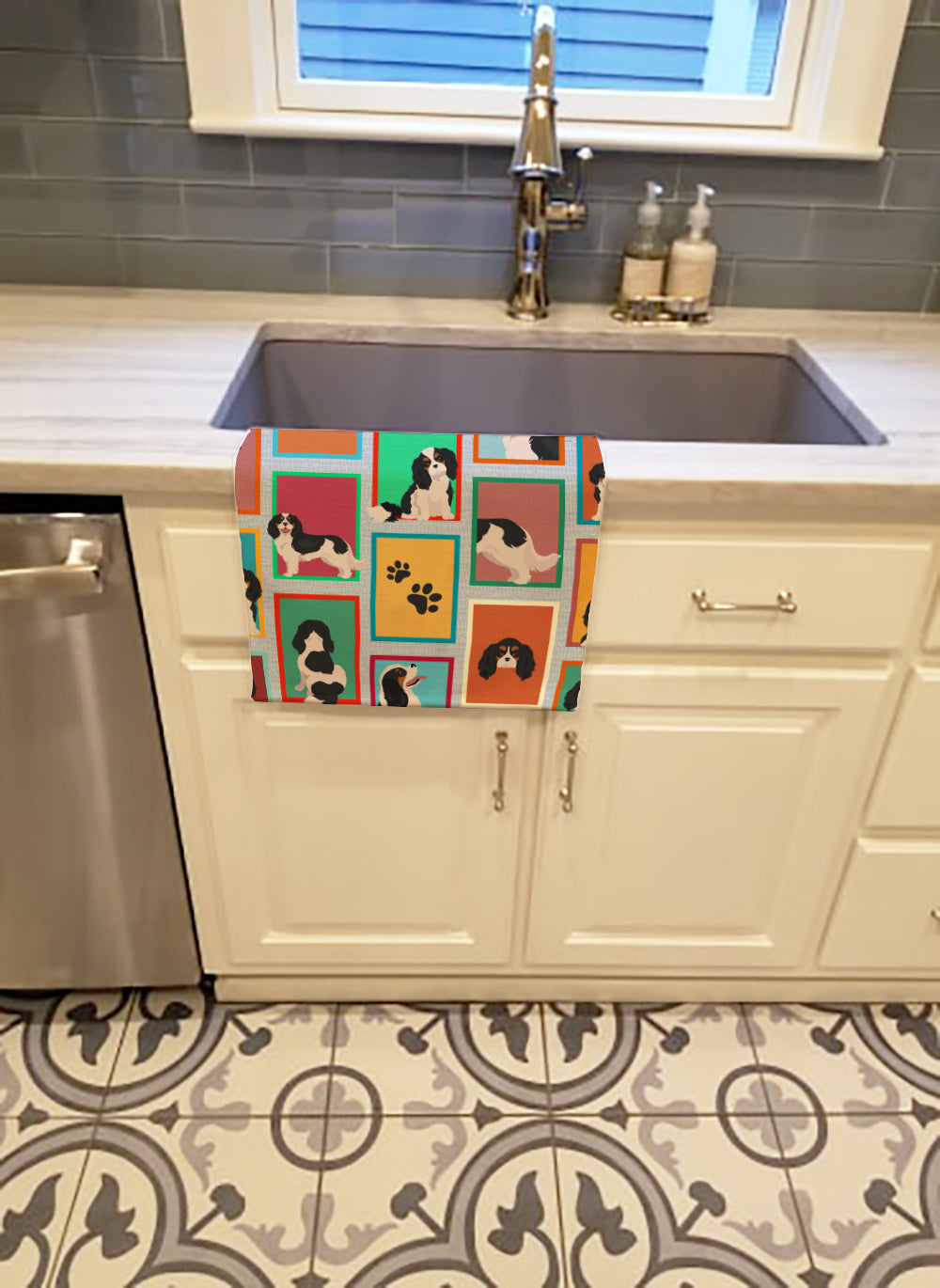 Lots of Tricolor Cavalier Spaniel Kitchen Towel Velour Plush Front and Cotton Loop Back Machine Washable