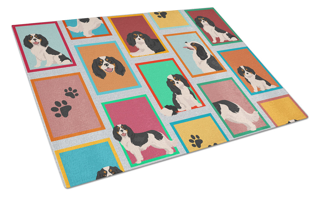 Lots of Tricolor Cavalier Spaniel Cutting Board Tempered Glass Kitchen Cutting Surface, Heat Resistant Chopping, Non-Slip Feet, Food Prep & Serving