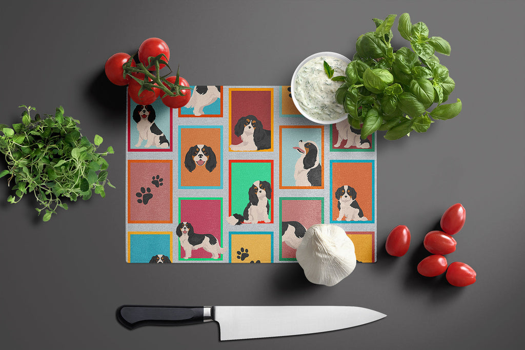 Lots of Tricolor Cavalier Spaniel Cutting Board Tempered Glass Kitchen Cutting Surface, Heat Resistant Chopping, Non-Slip Feet, Food Prep & Serving