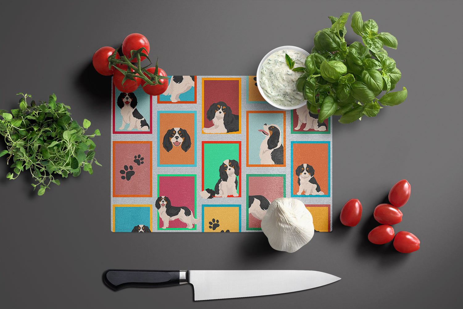 Lots of Tricolor Cavalier Spaniel Cutting Board Tempered Glass Kitchen Cutting Surface, Heat Resistant Chopping, Non-Slip Feet, Food Prep & Serving