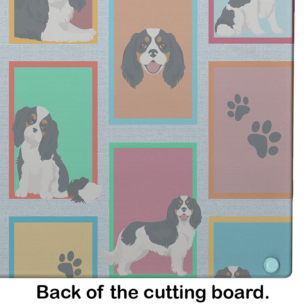 Lots of Tricolor Cavalier Spaniel Cutting Board Tempered Glass Kitchen Cutting Surface, Heat Resistant Chopping, Non-Slip Feet, Food Prep & Serving