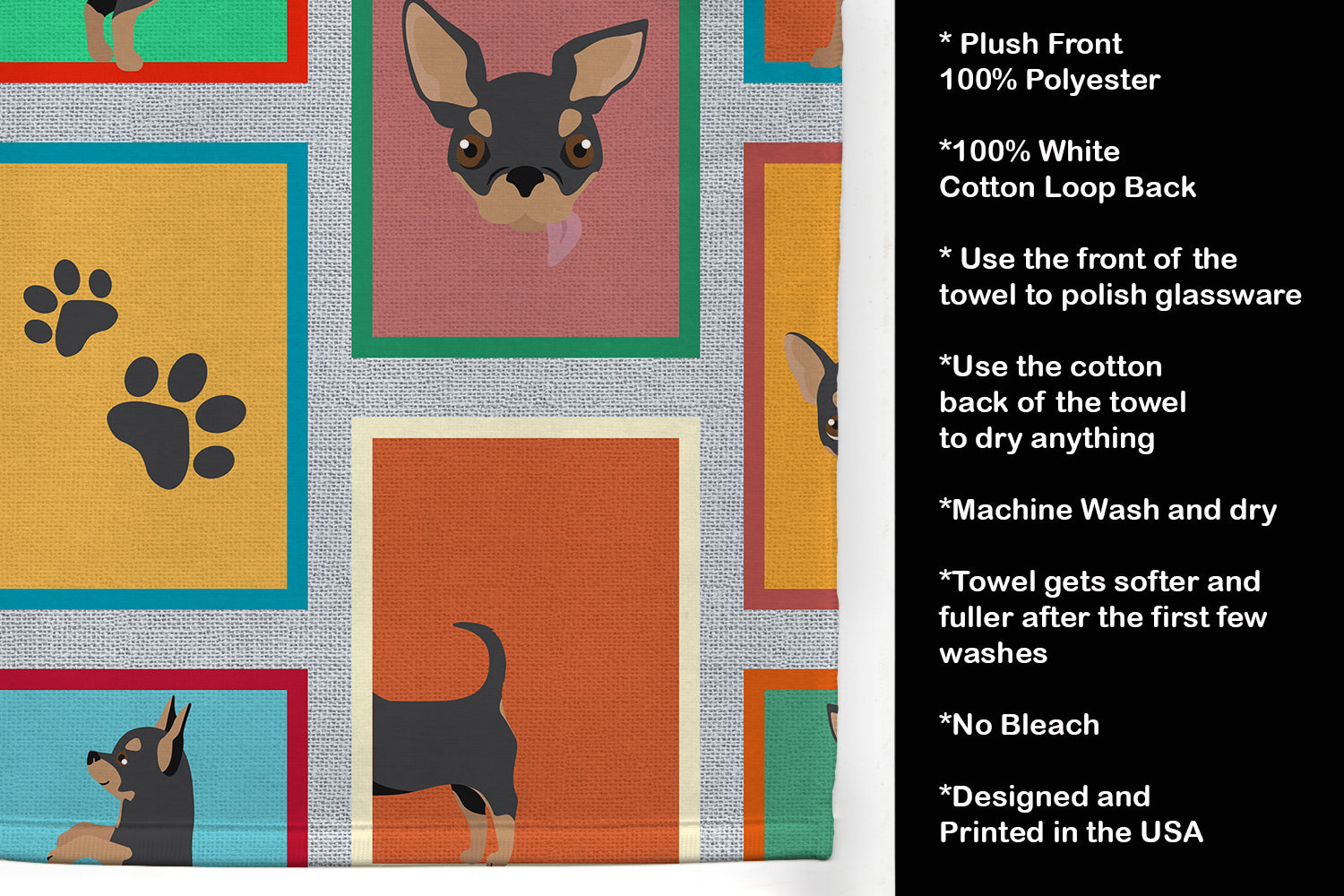Lots of Black and Tan Chihuahua Kitchen Towel Velour Plush Front and Cotton Loop Back Machine Washable