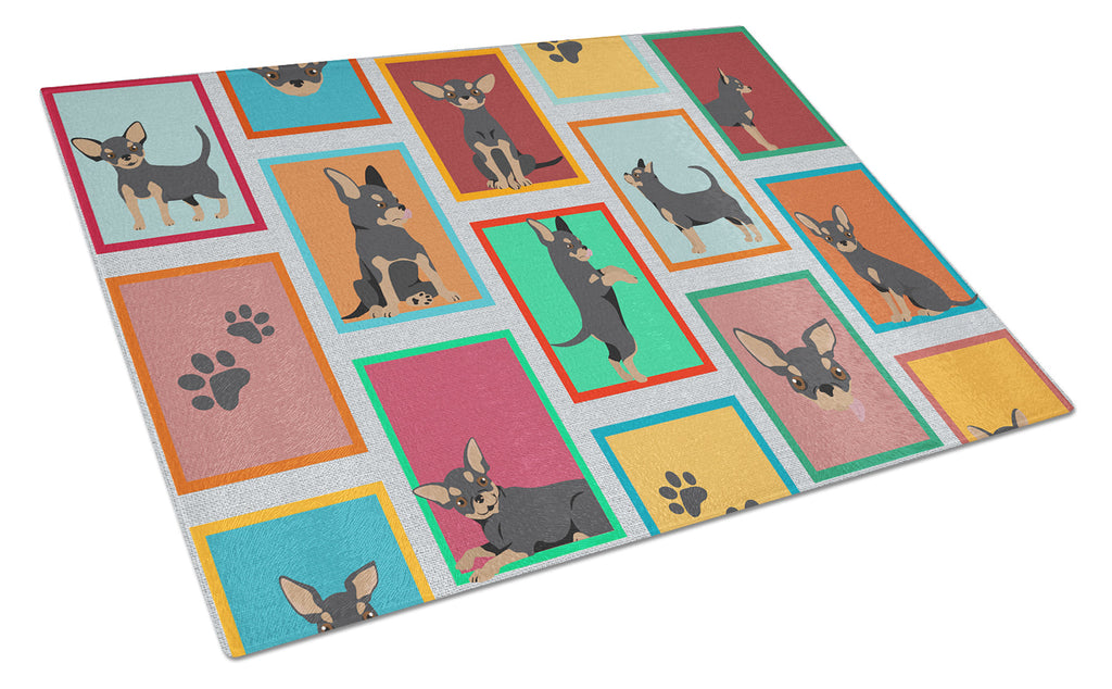 Lots of Black and Tan Chihuahua Cutting Board Tempered Glass Kitchen Cutting Surface, Heat Resistant Chopping, Non-Slip Feet, Food Prep & Serving