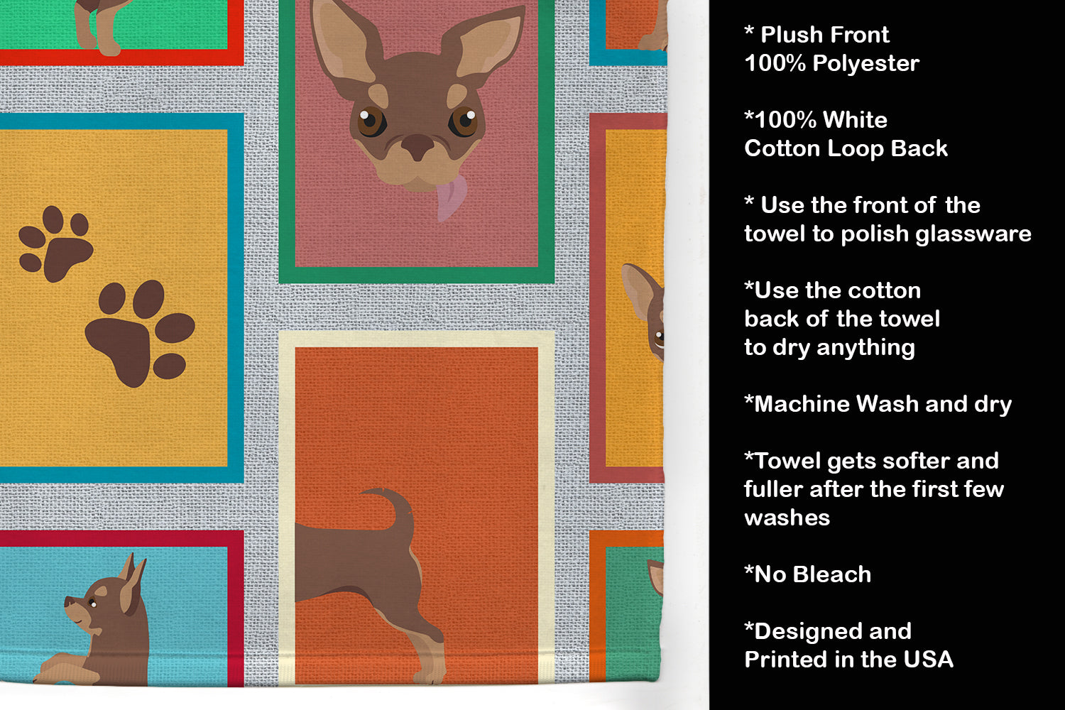 Lots of Chocolate Chihuahua Kitchen Towel Velour Plush Front and Cotton Loop Back Machine Washable