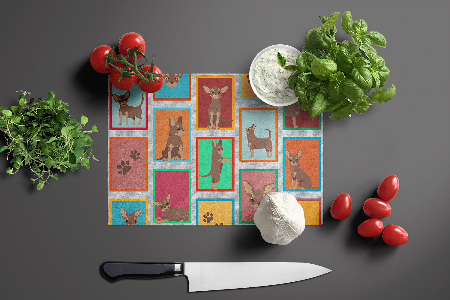 Lots of Chocolate Chihuahua Cutting Board Tempered Glass Kitchen Cutting Surface, Heat Resistant Chopping, Non-Slip Feet, Food Prep & Serving
