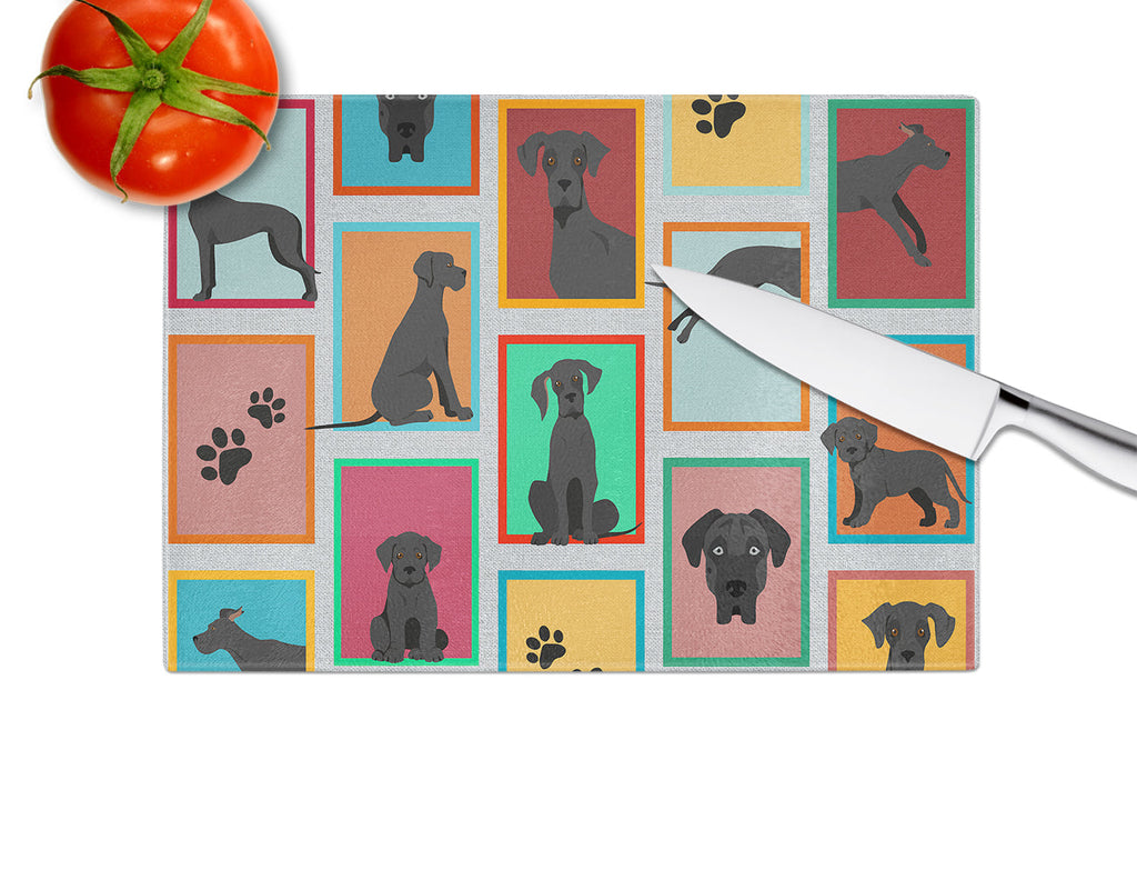 Lots of Black Great Dane Cutting Board Tempered Glass Kitchen Cutting Surface, Heat Resistant Chopping, Non-Slip Feet, Food Prep & Serving