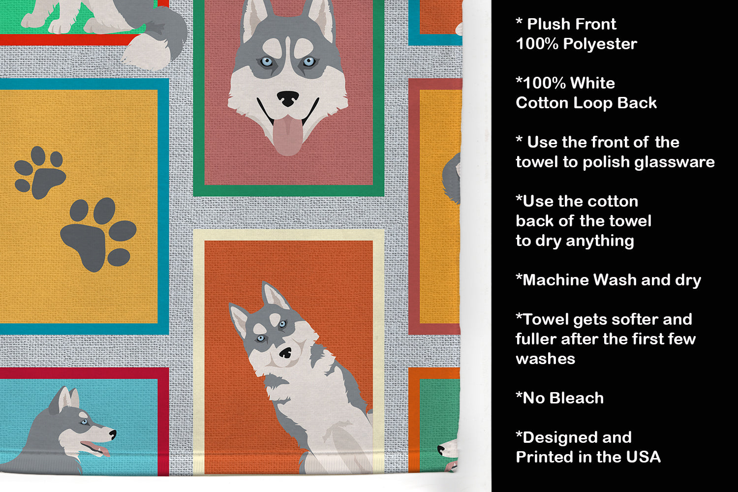 Lots of Grey Siberian Husky Kitchen Towel Velour Plush Front and Cotton Loop Back Machine Washable