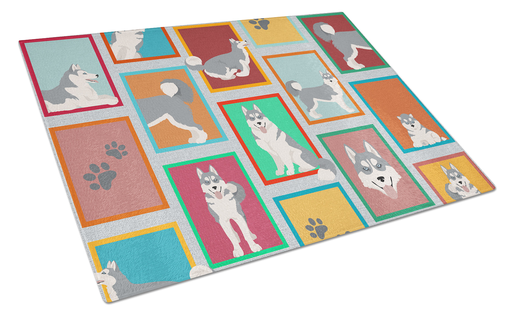 Lots of Grey Siberian Husky Cutting Board Tempered Glass Kitchen Cutting Surface, Heat Resistant Chopping, Non-Slip Feet, Food Prep & Serving