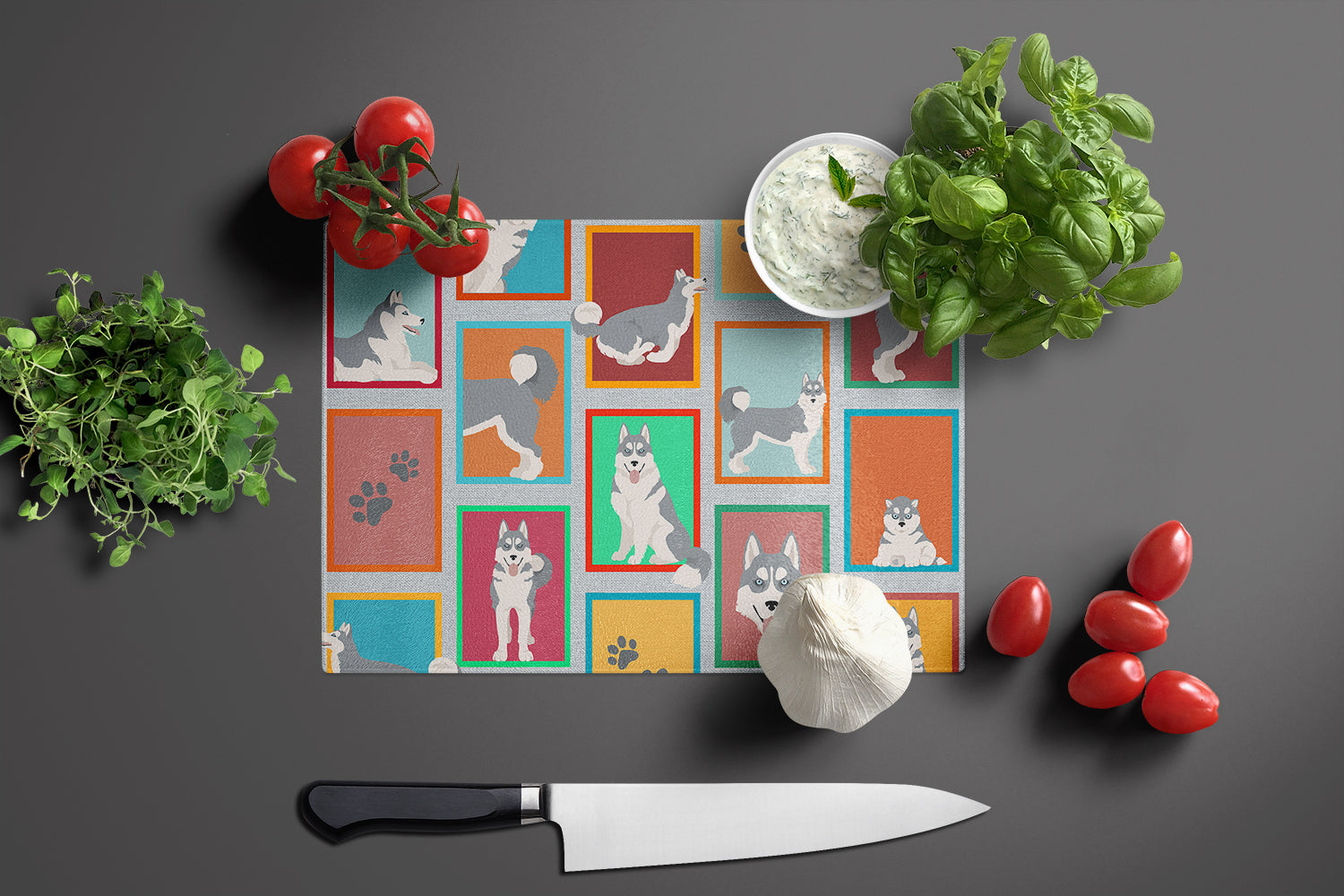 Lots of Grey Siberian Husky Cutting Board Tempered Glass Kitchen Cutting Surface, Heat Resistant Chopping, Non-Slip Feet, Food Prep & Serving
