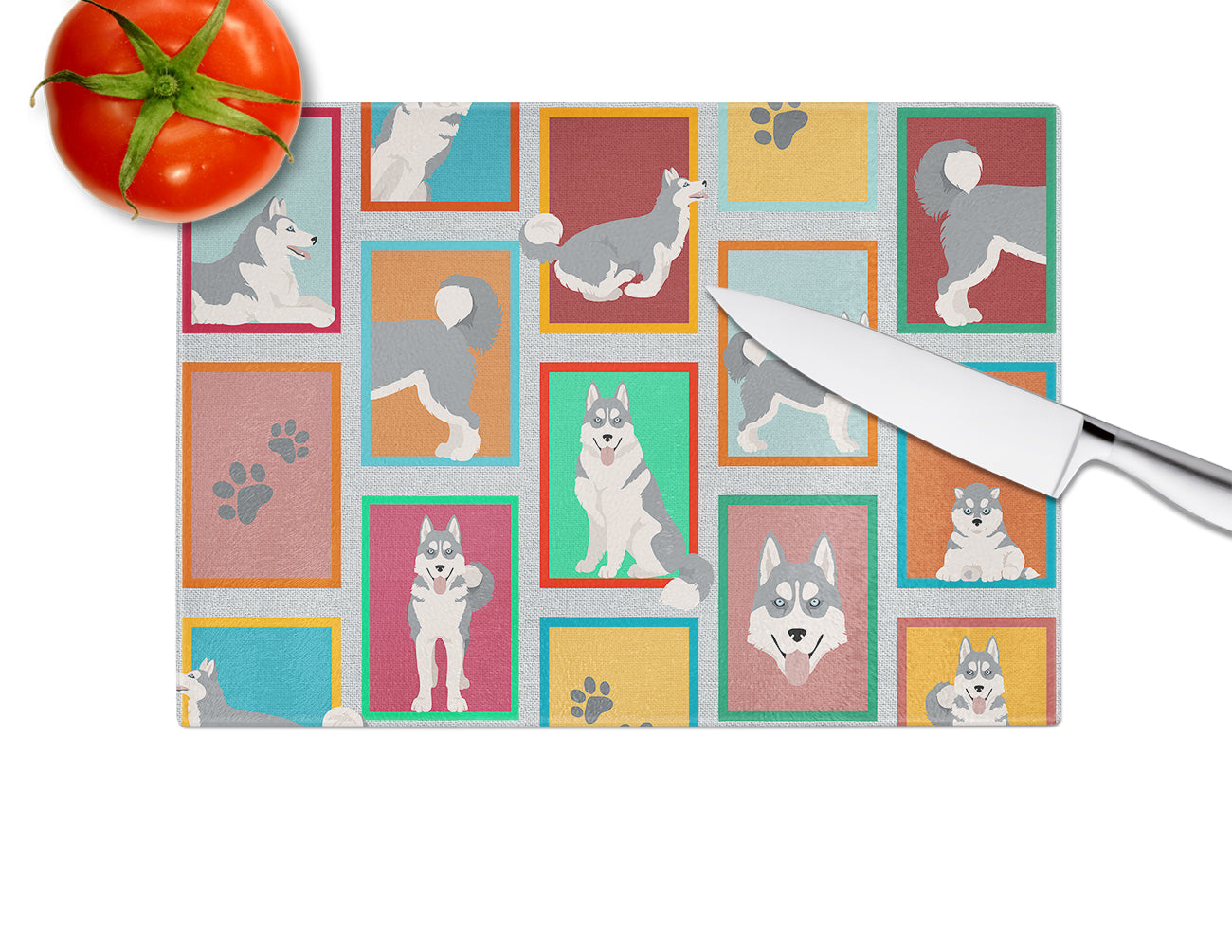 Lots of Grey Siberian Husky Cutting Board Tempered Glass Kitchen Cutting Surface, Heat Resistant Chopping, Non-Slip Feet, Food Prep & Serving
