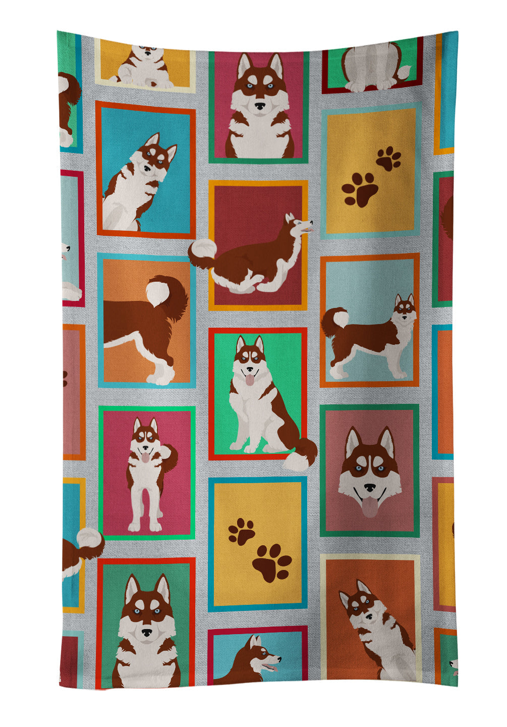 Lots of Red Siberian Husky Kitchen Towel Velour Plush Front and Cotton Loop Back Machine Washable
