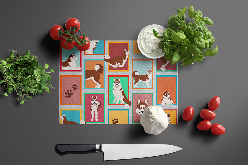 Lots of Red Siberian Husky Cutting Board Tempered Glass Kitchen Cutting Surface, Heat Resistant Chopping, Non-Slip Feet, Food Prep & Serving