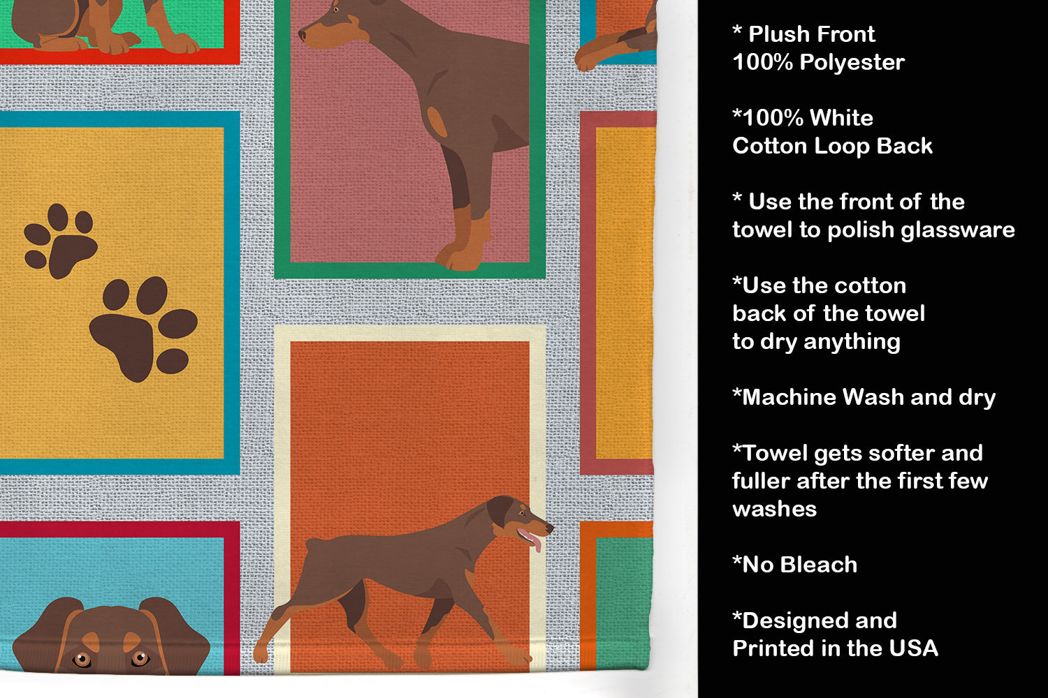 Lots of Red Doberman Pinscher Kitchen Towel Velour Plush Front and Cotton Loop Back Machine Washable
