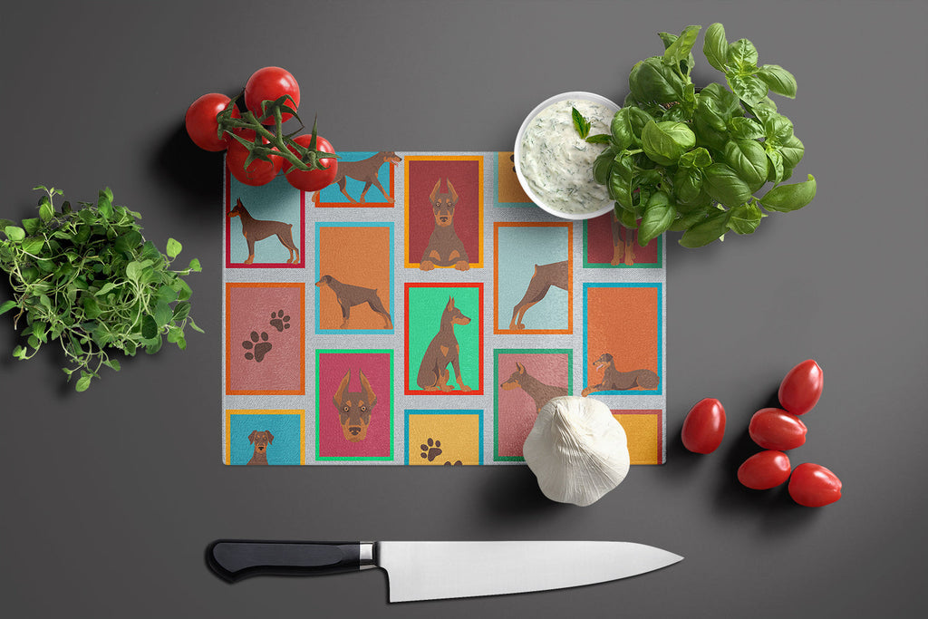 Lots of Red Doberman Pinscher Cutting Board Tempered Glass Kitchen Cutting Surface, Heat Resistant Chopping, Non-Slip Feet, Food Prep & Serving