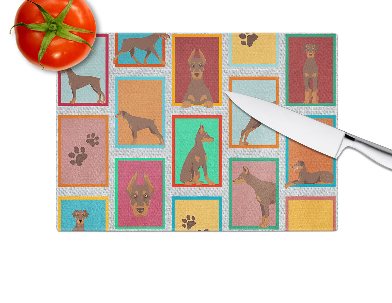 Lots of Red Doberman Pinscher Cutting Board Tempered Glass Kitchen Cutting Surface, Heat Resistant Chopping, Non-Slip Feet, Food Prep & Serving