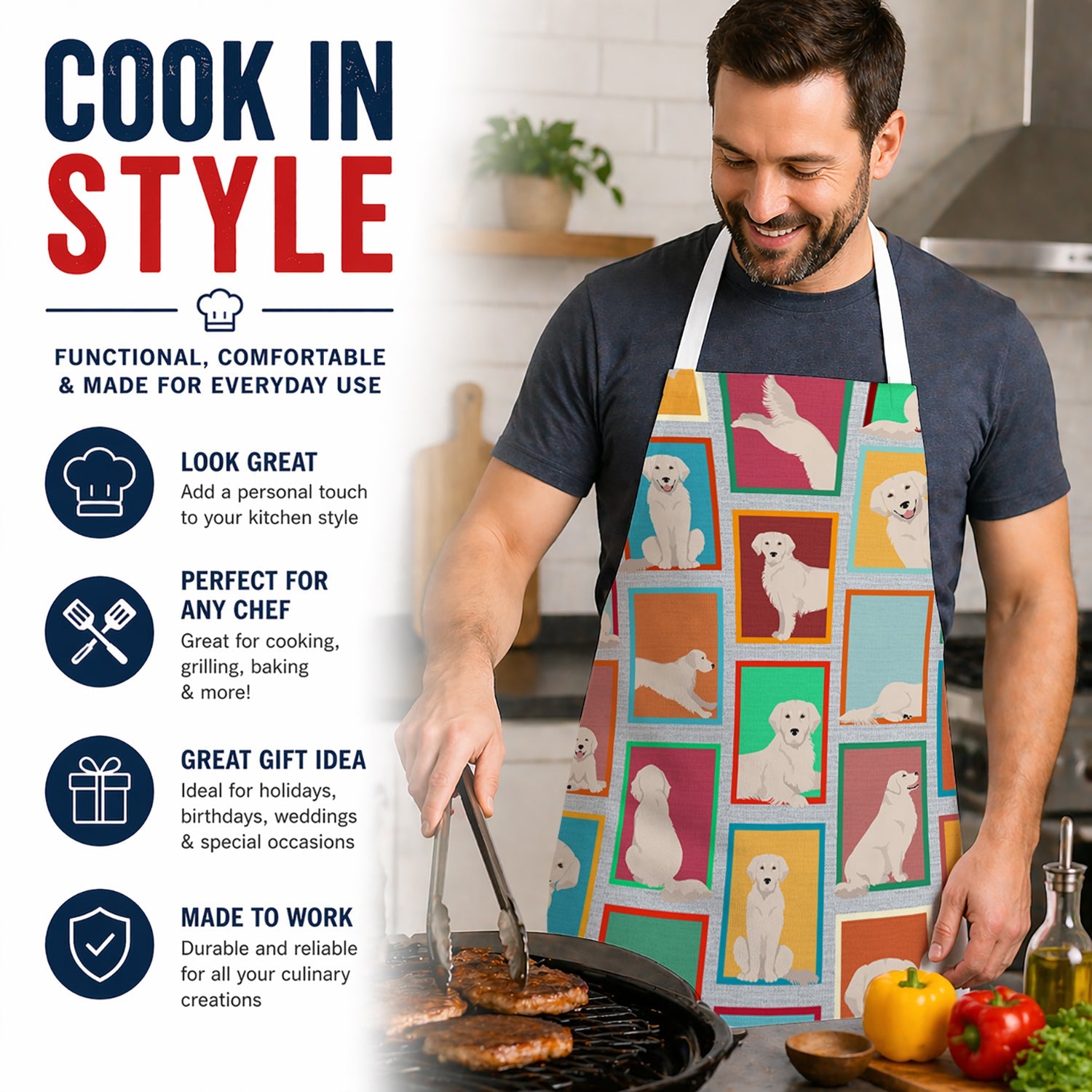 Lots of Cream Golden Retriever Apron Cooking Kitchen Server Baking Crafts Gardening for Adult Women Men, Unisex, Large, Multicolor