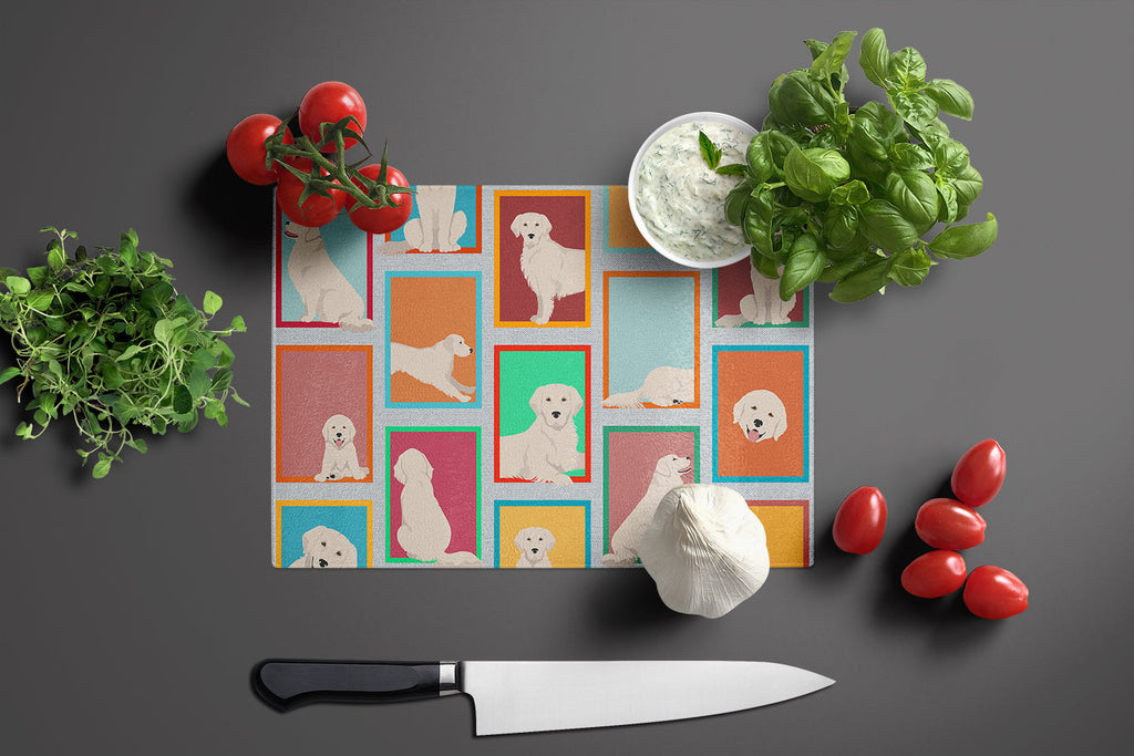 Lots of Cream Golden Retriever Cutting Board Tempered Glass Kitchen Cutting Surface, Heat Resistant Chopping, Non-Slip Feet, Food Prep & Serving