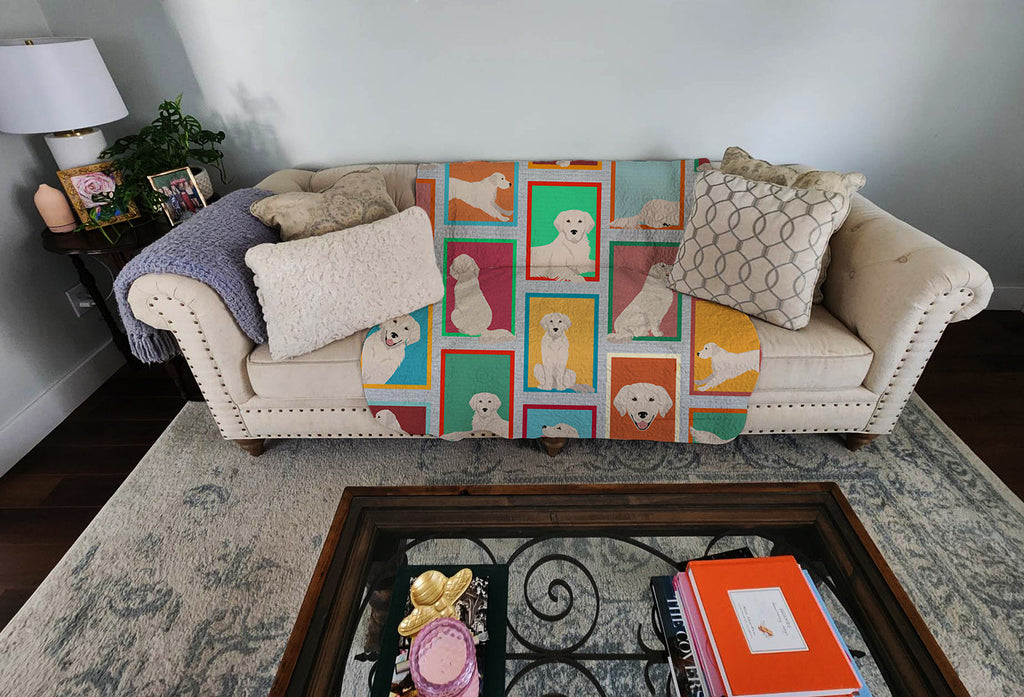 Lots of Cream Golden Retriever Quilted Blanket 50x60 Artwork Pattern Quilted Throw Blanket for Bed, Couch, Sofa, Soft and Lightweight