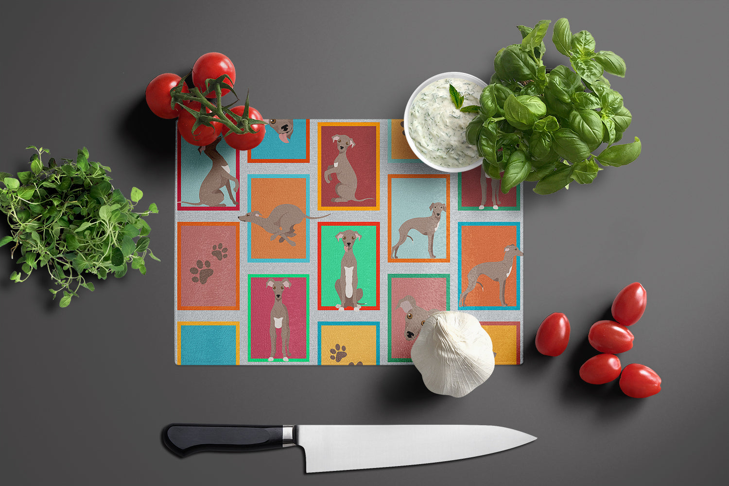 Lots of Fawn Italian Greyhound Cutting Board Tempered Glass Kitchen Cutting Surface, Heat Resistant Chopping, Non-Slip Feet, Food Prep & Serving