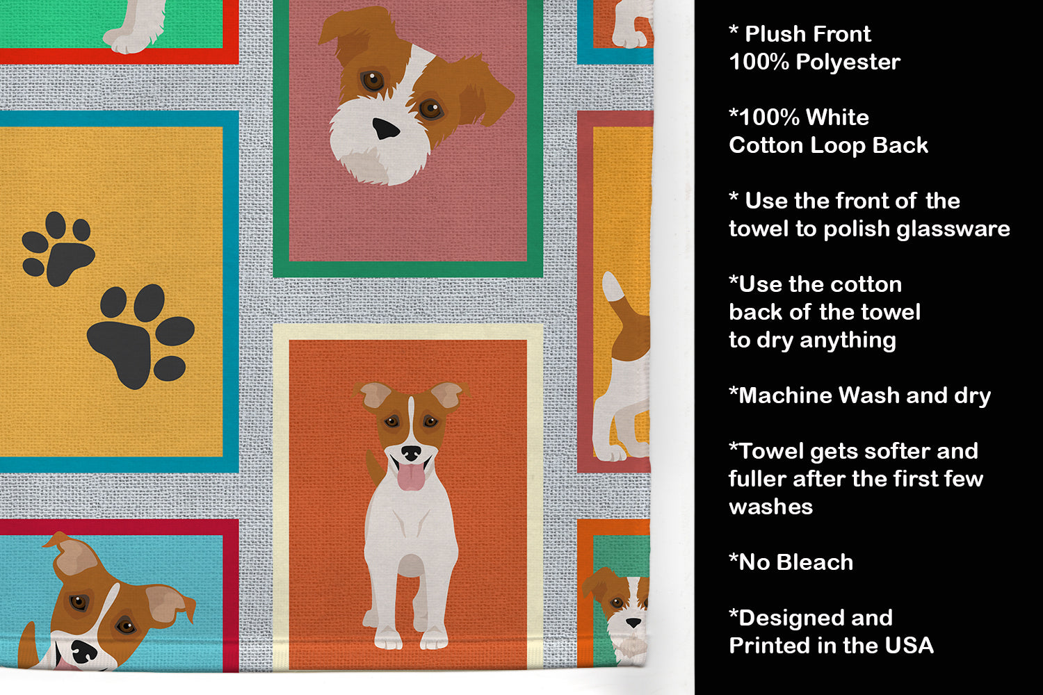 Lots of Red and White Jack Russell Terrier Kitchen Towel Velour Plush Front and Cotton Loop Back Machine Washable