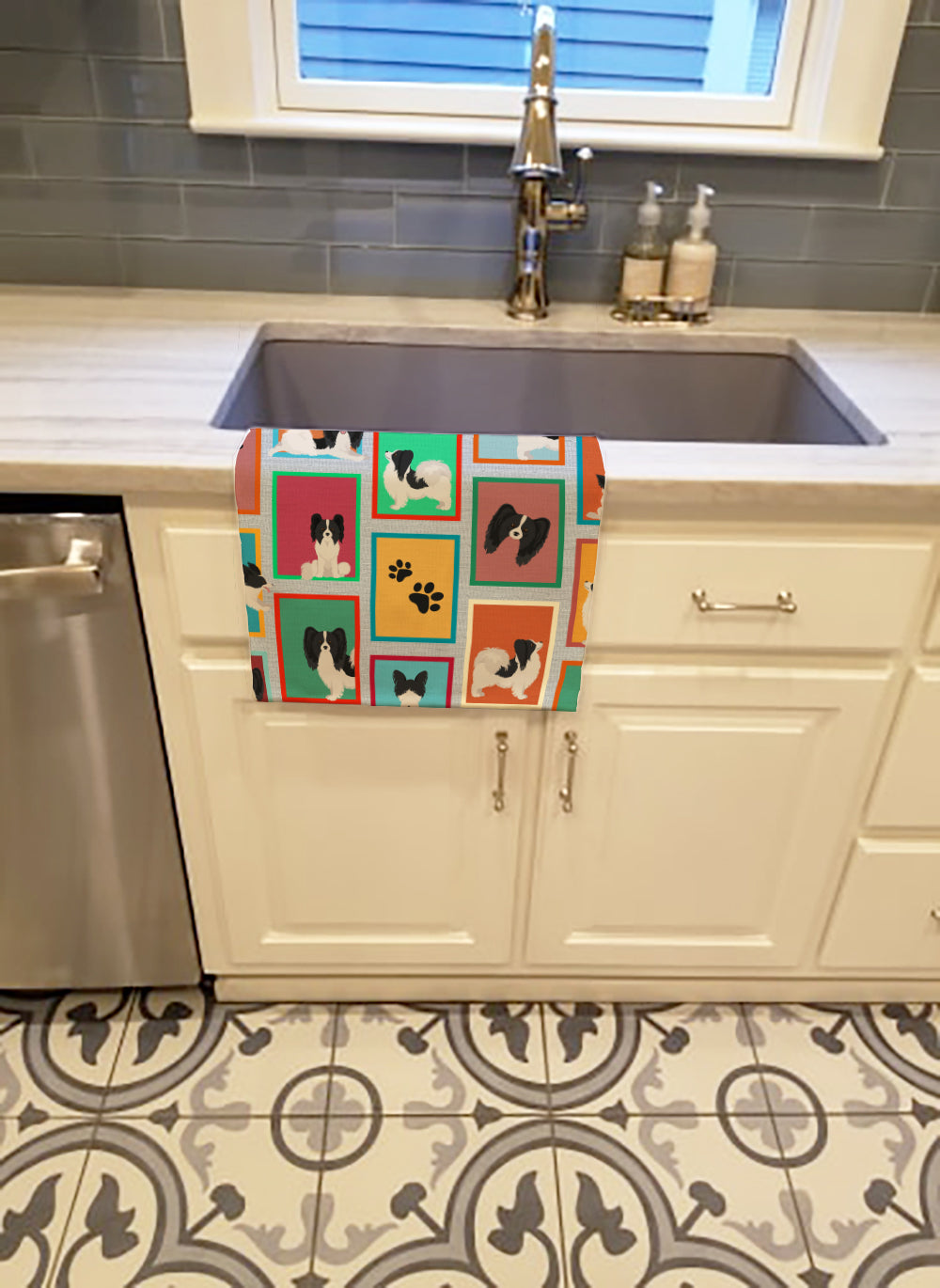 Lots of Black and Whtie Papillon Kitchen Towel Velour Plush Front and Cotton Loop Back Machine Washable