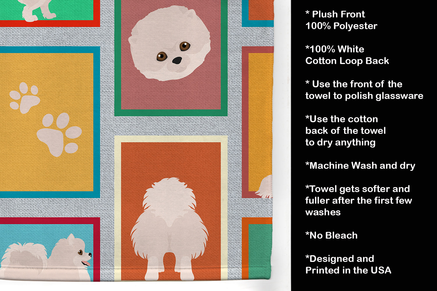 Lots of White Pomeranian Kitchen Towel Velour Plush Front and Cotton Loop Back Machine Washable