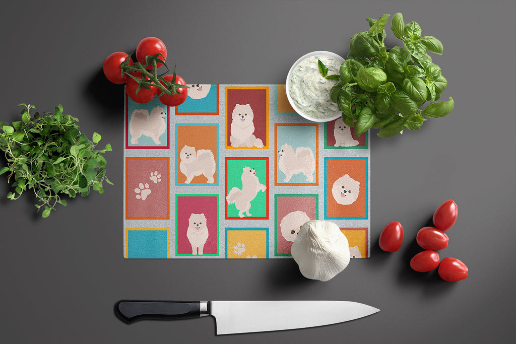 Lots of White Pomeranian Cutting Board Tempered Glass Kitchen Cutting Surface, Heat Resistant Chopping, Non-Slip Feet, Food Prep & Serving