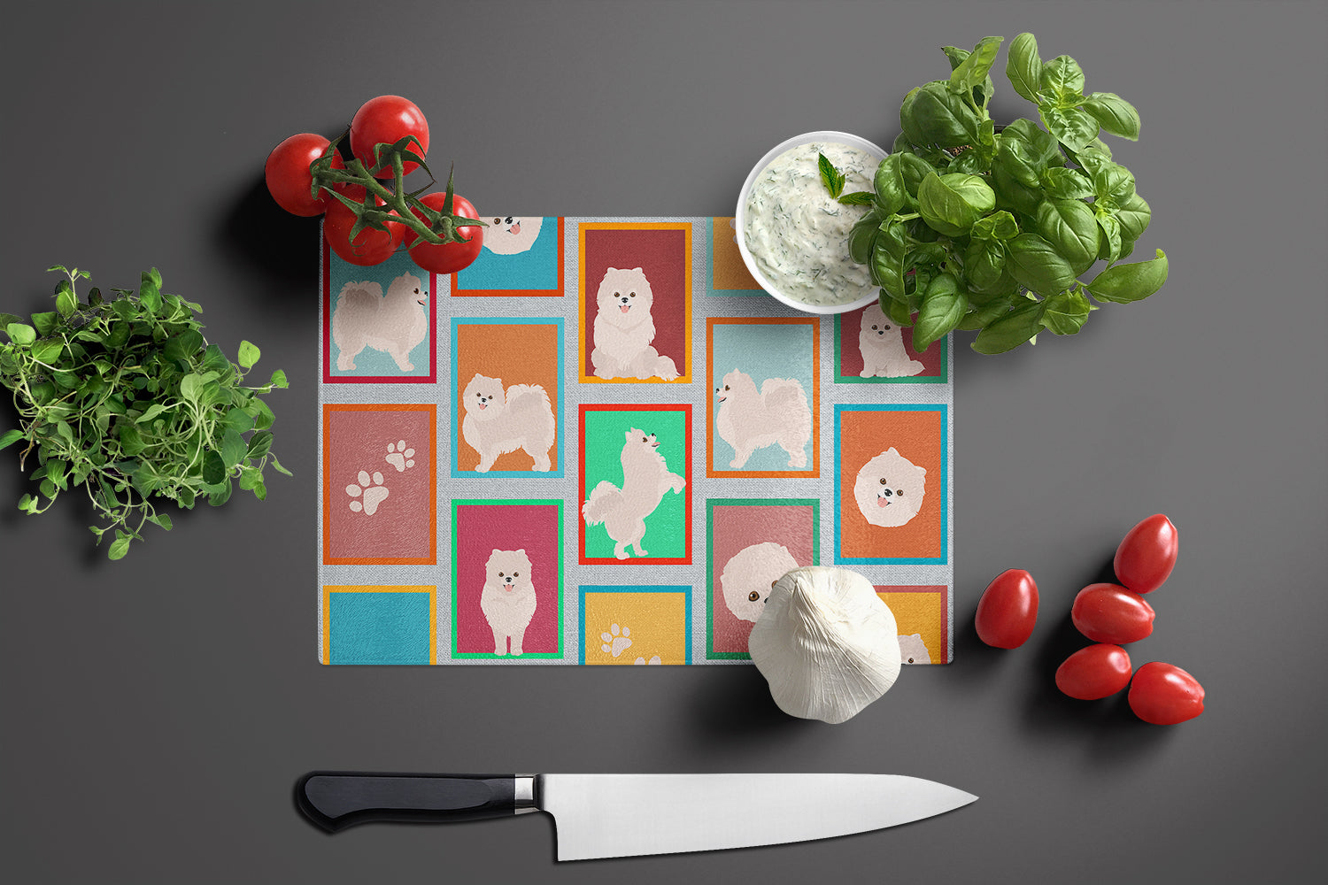 Lots of White Pomeranian Cutting Board Tempered Glass Kitchen Cutting Surface, Heat Resistant Chopping, Non-Slip Feet, Food Prep & Serving