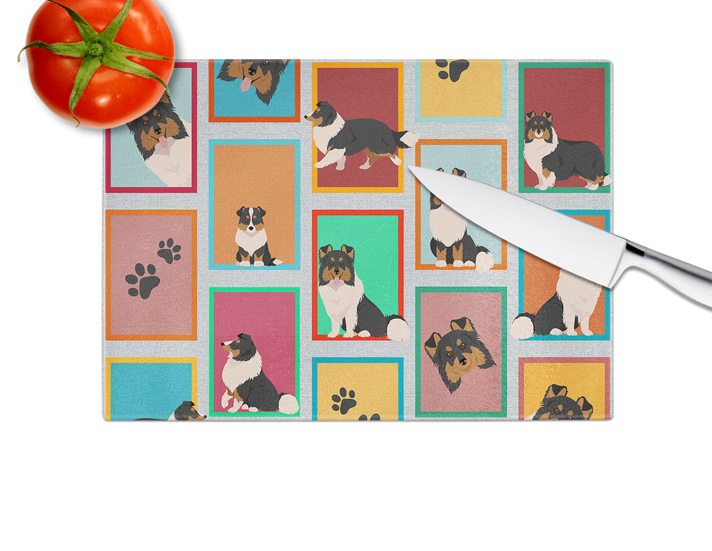 Lots of Tricolor Sheltie Cutting Board Tempered Glass Kitchen Cutting Surface, Heat Resistant Chopping, Non-Slip Feet, Food Prep & Serving