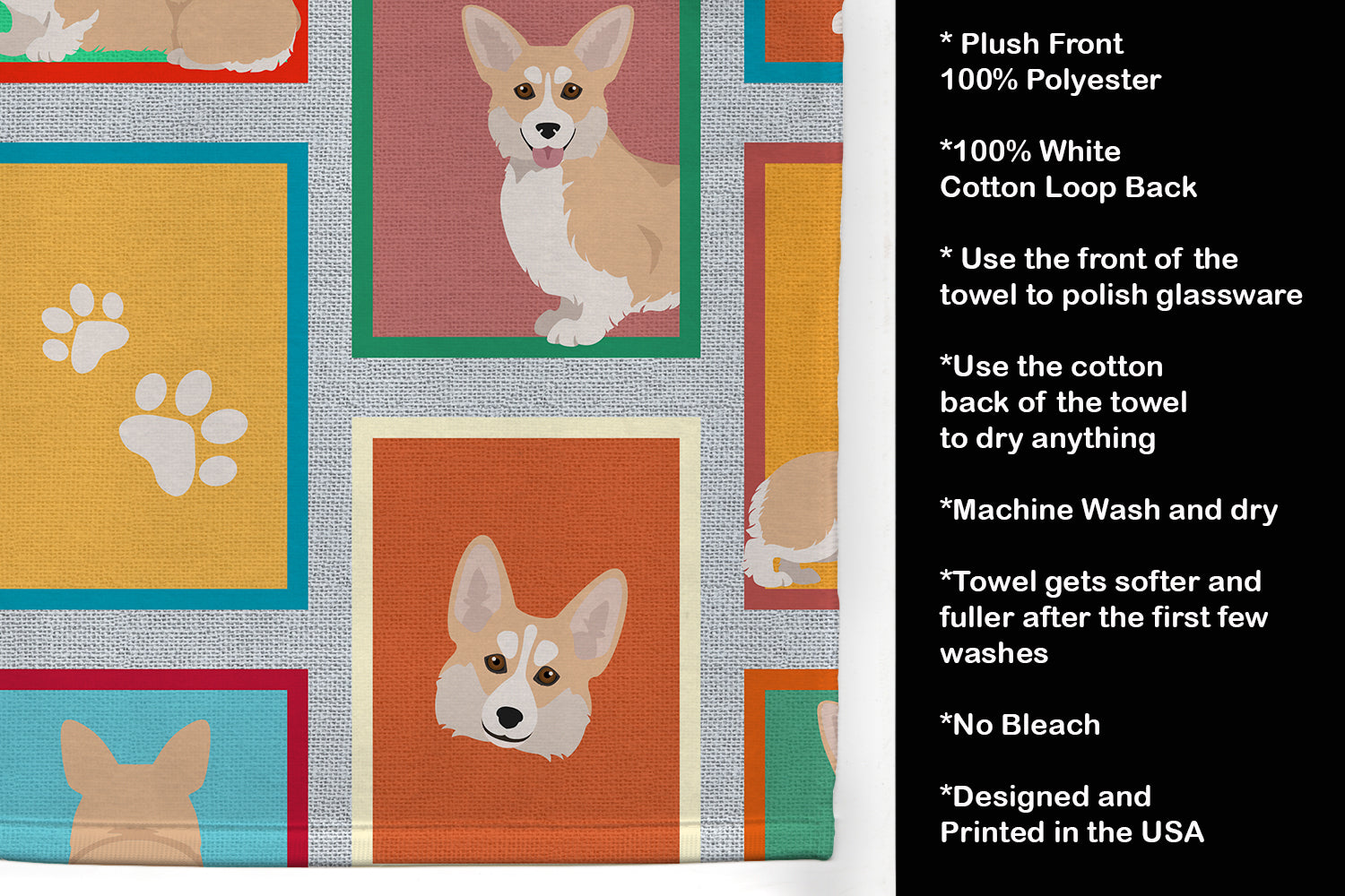 Lots of Fawn Pembroke Corgi Kitchen Towel Velour Plush Front and Cotton Loop Back Machine Washable