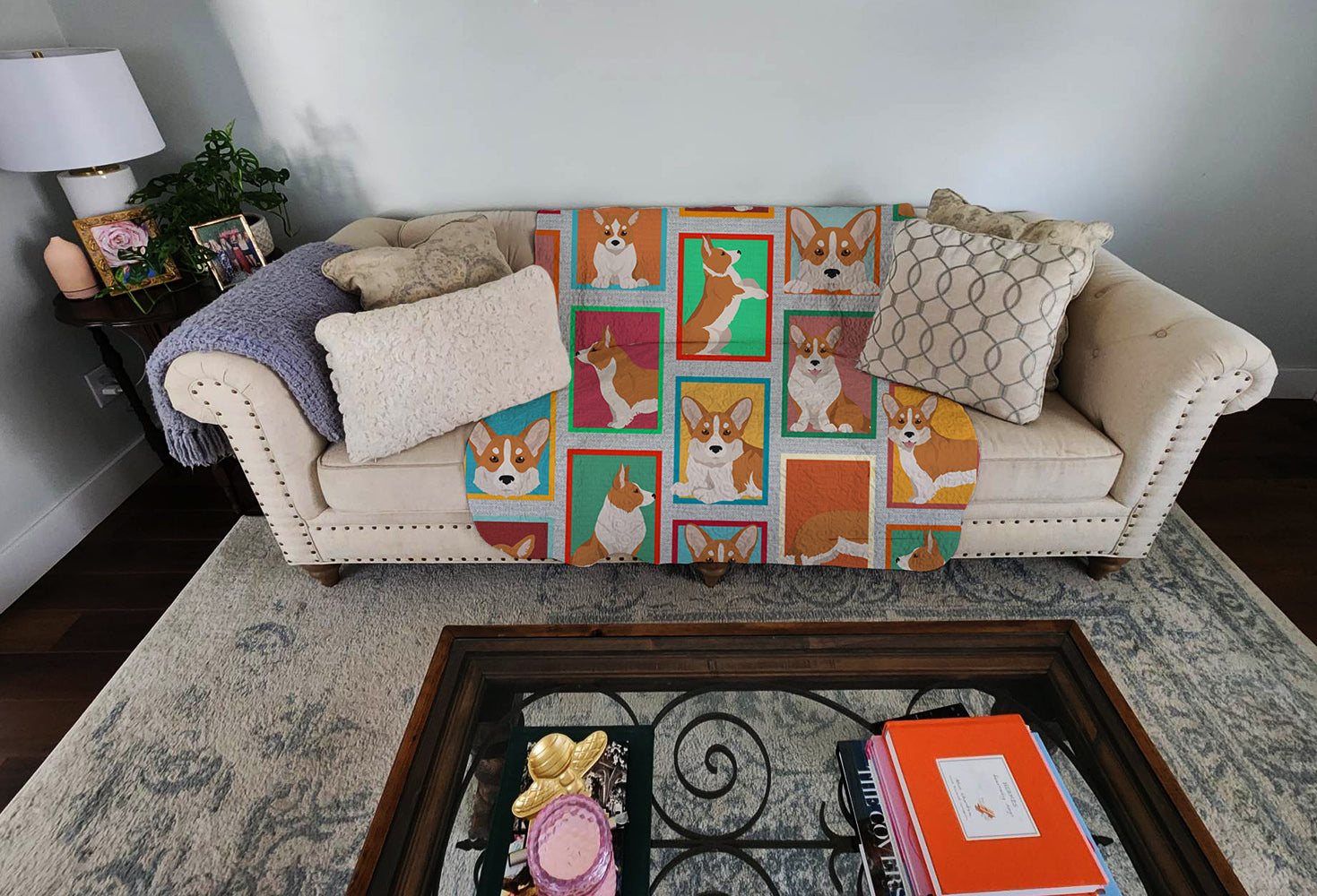 Lots of Red Cardigan Corgi Quilted Blanket 50x60 Artwork Pattern Quilted Throw Blanket for Bed, Couch, Sofa, Soft and Lightweight