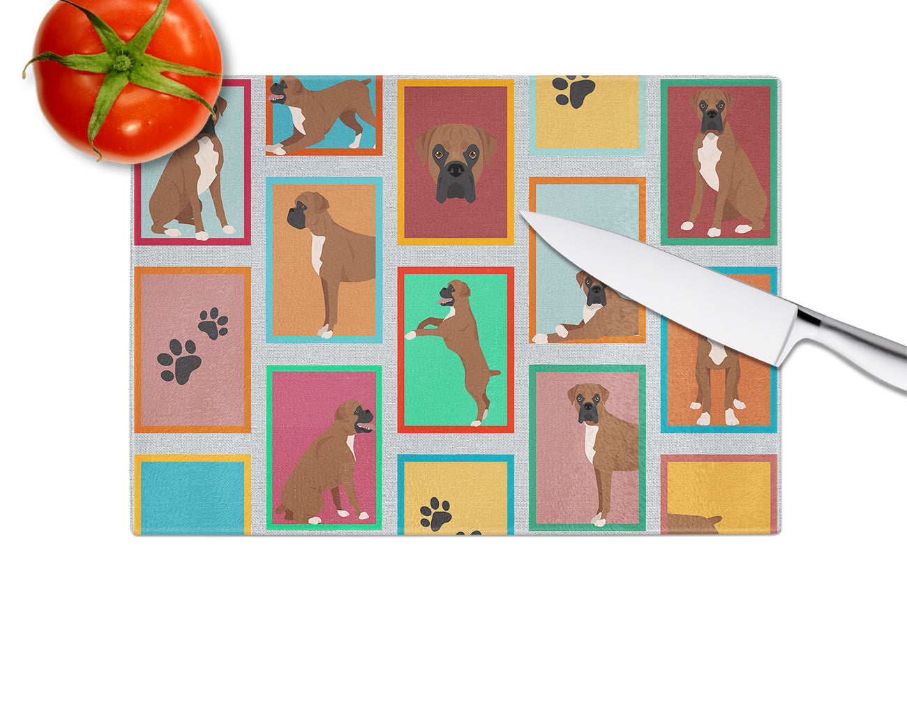 Lots of Black Face Boxer Cutting Board Tempered Glass Kitchen Cutting Surface, Heat Resistant Chopping, Non-Slip Feet, Food Prep & Serving