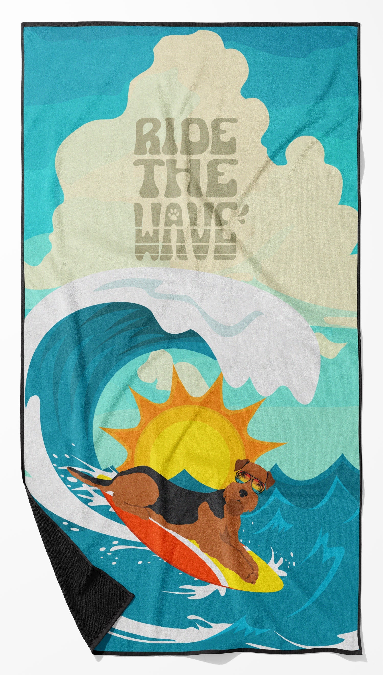 Surfer Dog Airedale Terrier Premium Beach Towel Oversized Towel Beach Blanket, Pool, Beach Essentials, Yoga, Premium Bath Towel, Quick Dry Plush