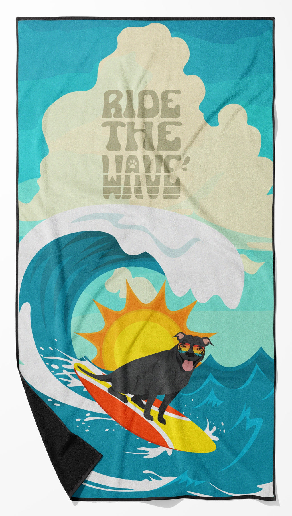 Surfer Dog Black Pit Bull Terrier Premium Beach Towel Oversized Towel Beach Blanket, Pool, Beach Essentials, Yoga, Premium Bath Towel, Quick Dry Plush