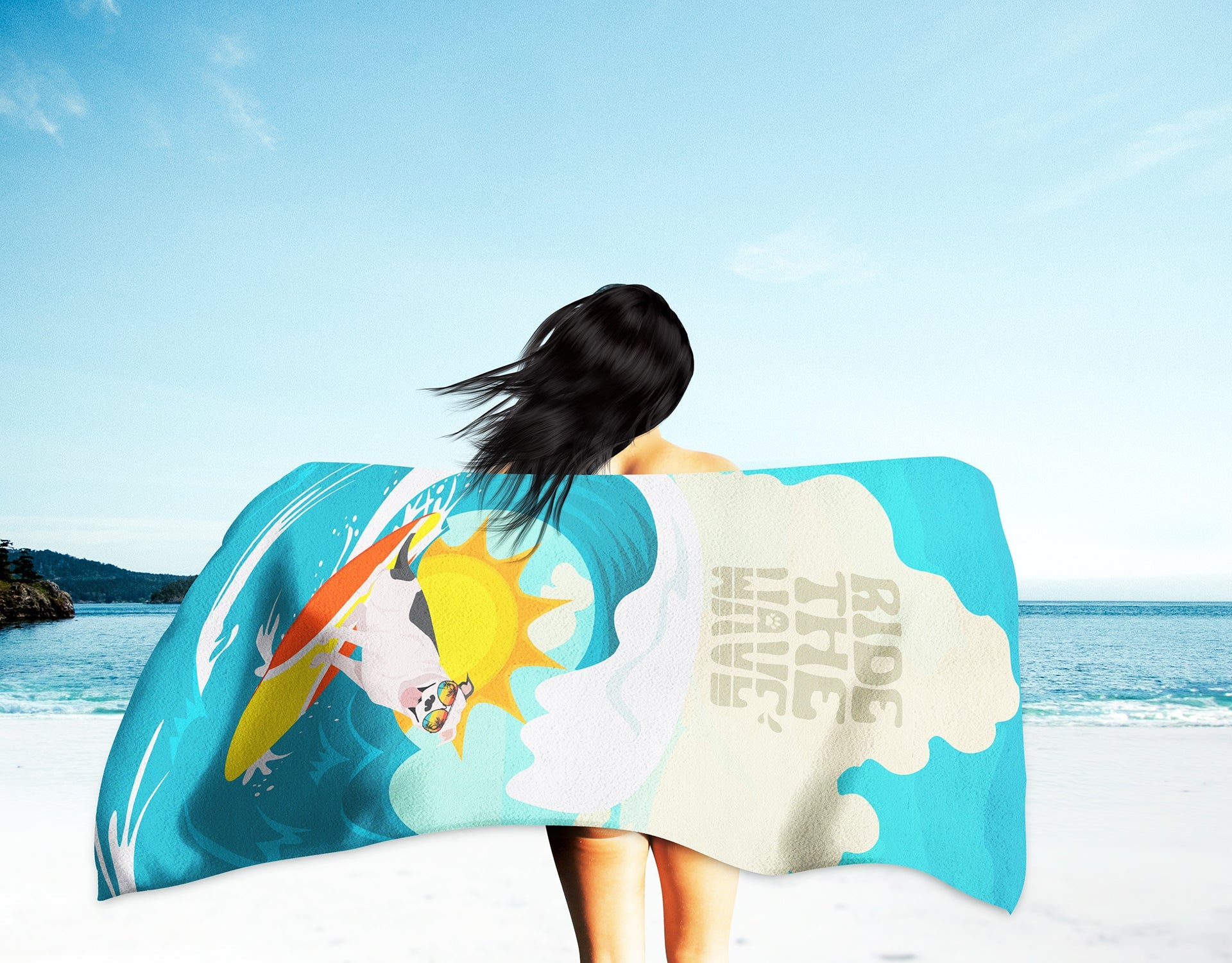 Surfer Dog Black White Pit Bull Terrier Premium Beach Towel Oversized Towel Beach Blanket, Pool, Beach Essentials, Yoga, Premium Bath Towel, Quick Dry Plush
