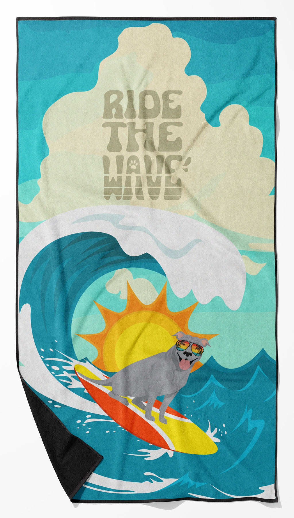Surfer Dog Blue Pit Bull Terrier Premium Beach Towel Oversized Towel Beach Blanket, Pool, Beach Essentials, Yoga, Premium Bath Towel, Quick Dry Plush