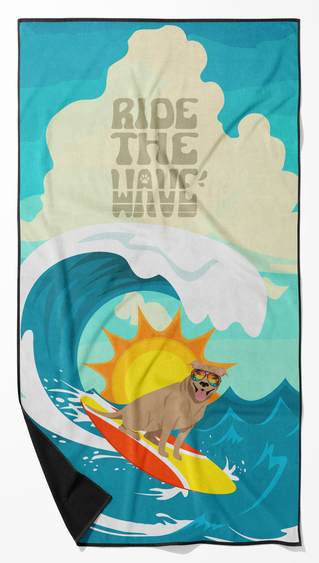 Surfer Dog Tan Pit Bull Terrier Premium Beach Towel Oversized Towel Beach Blanket, Pool, Beach Essentials, Yoga, Premium Bath Towel, Quick Dry Plush