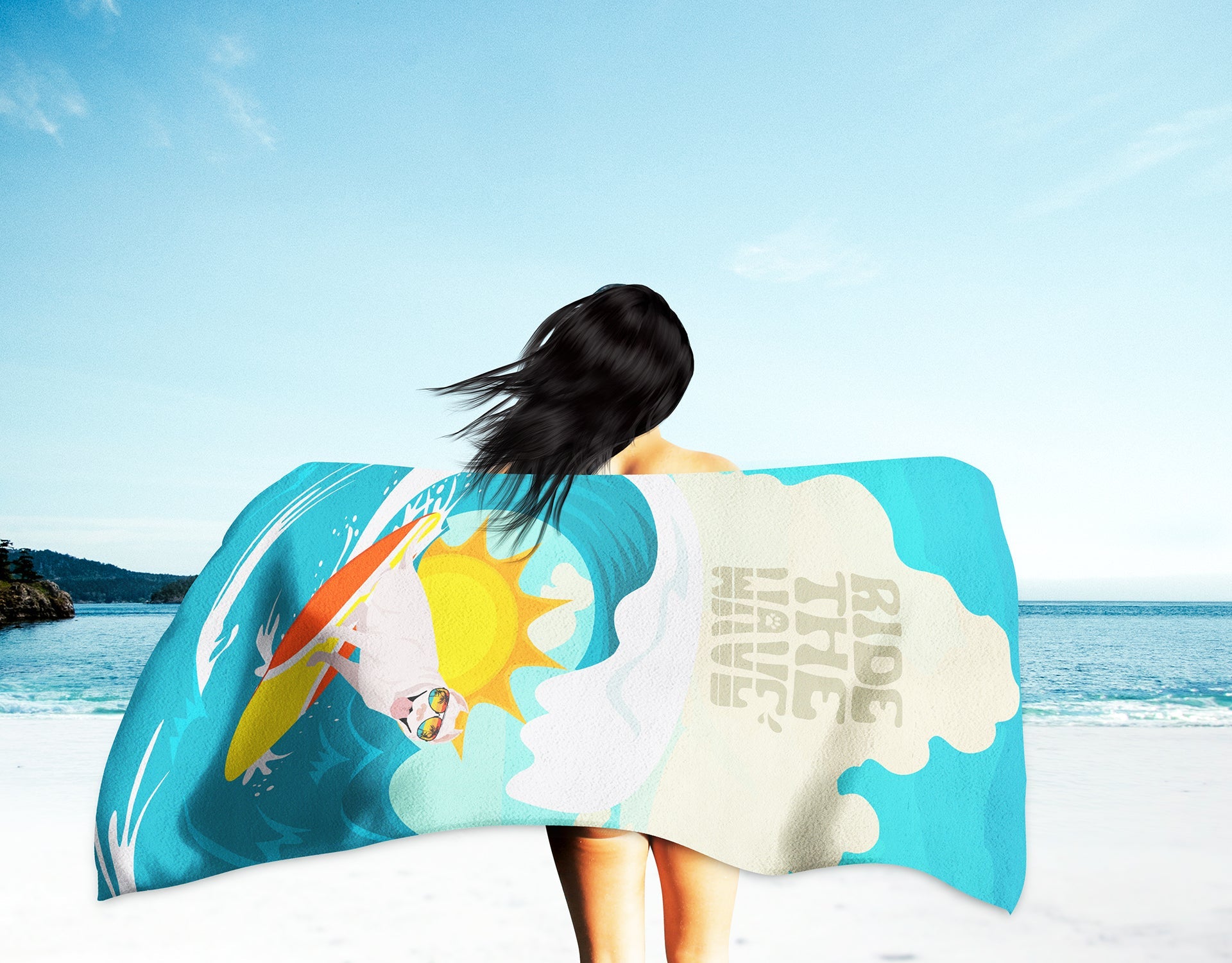 Surfer Dog White Pit Bull Terrier Premium Beach Towel Oversized Towel Beach Blanket, Pool, Beach Essentials, Yoga, Premium Bath Towel, Quick Dry Plush