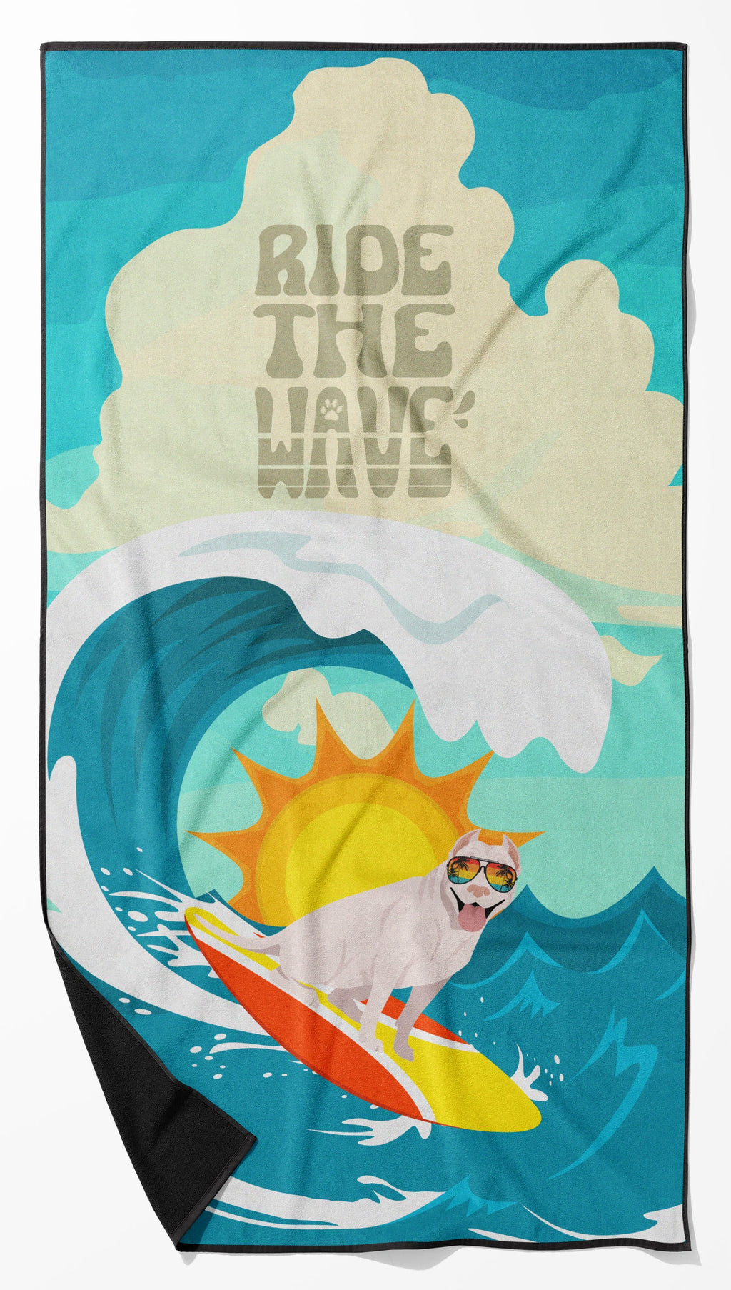 Surfer Dog White Pit Bull Terrier Premium Beach Towel Oversized Towel Beach Blanket, Pool, Beach Essentials, Yoga, Premium Bath Towel, Quick Dry Plush