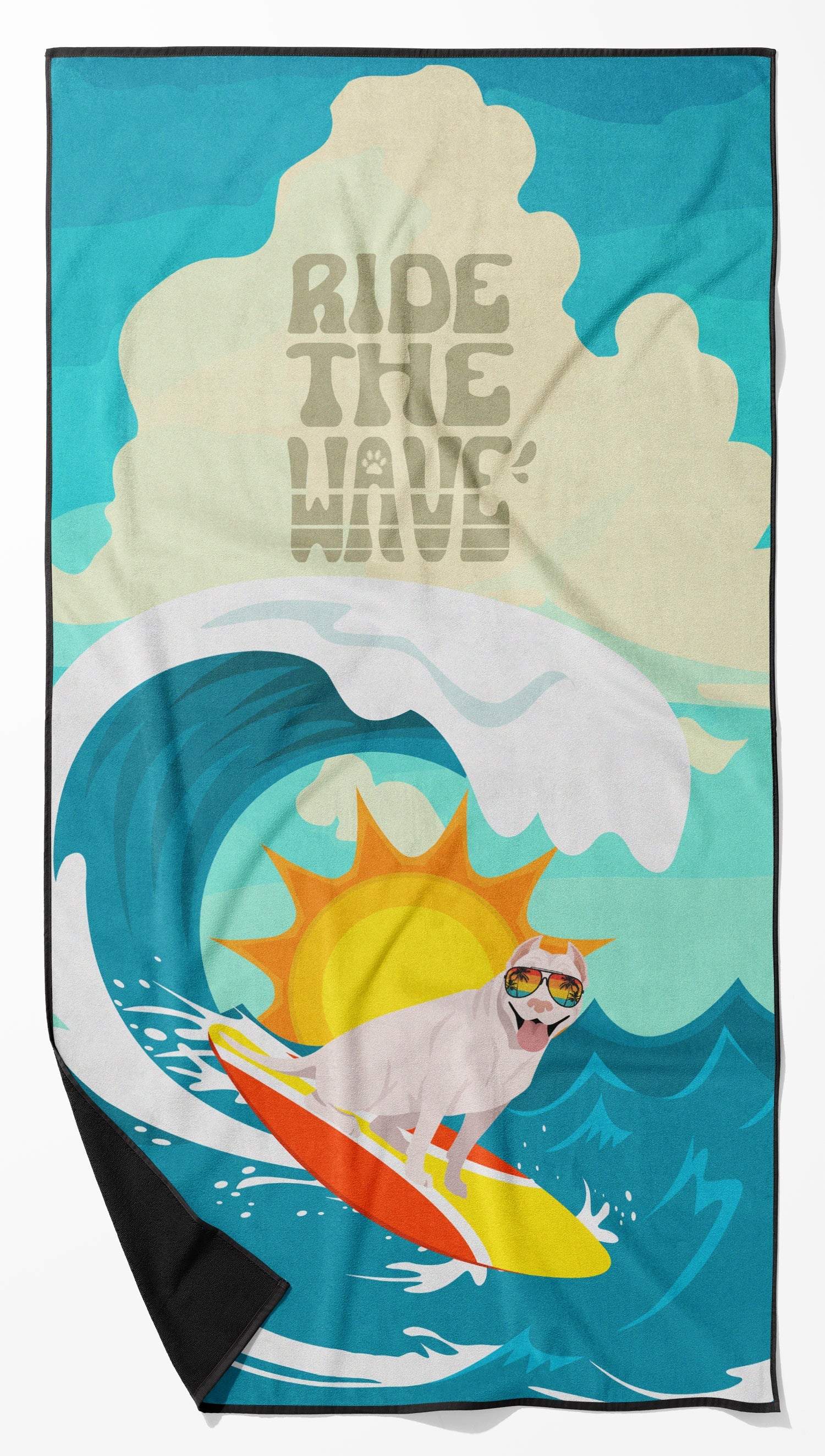 Surfer Dog White Pit Bull Terrier Premium Beach Towel Oversized Towel Beach Blanket, Pool, Beach Essentials, Yoga, Premium Bath Towel, Quick Dry Plush