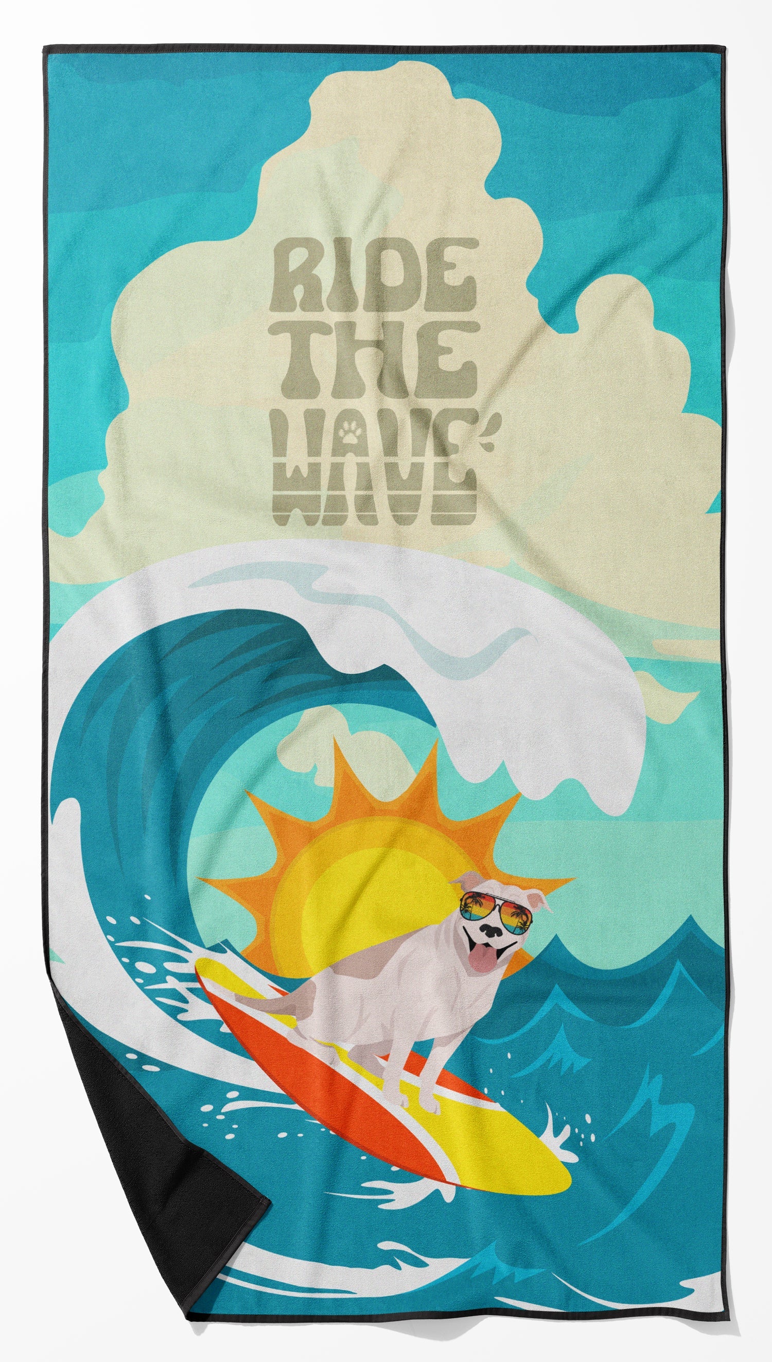 Surfer Dog White Tan Pit Bull Terrier Premium Beach Towel Oversized Towel Beach Blanket, Pool, Beach Essentials, Yoga, Premium Bath Towel, Quick Dry Plush