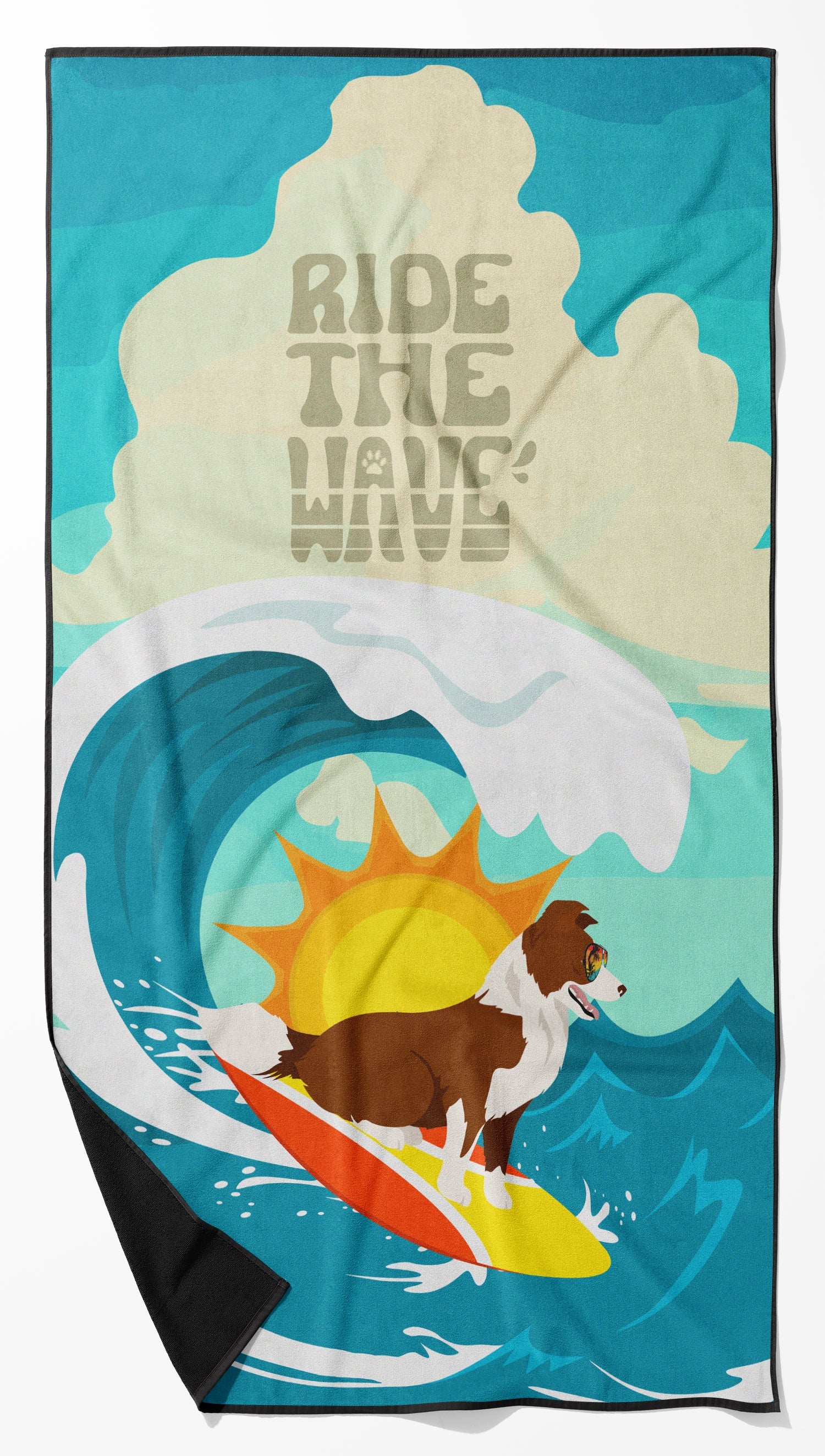 Surfer Dog Red Border Collie Premium Beach Towel Oversized Towel Beach Blanket, Pool, Beach Essentials, Yoga, Premium Bath Towel, Quick Dry Plush