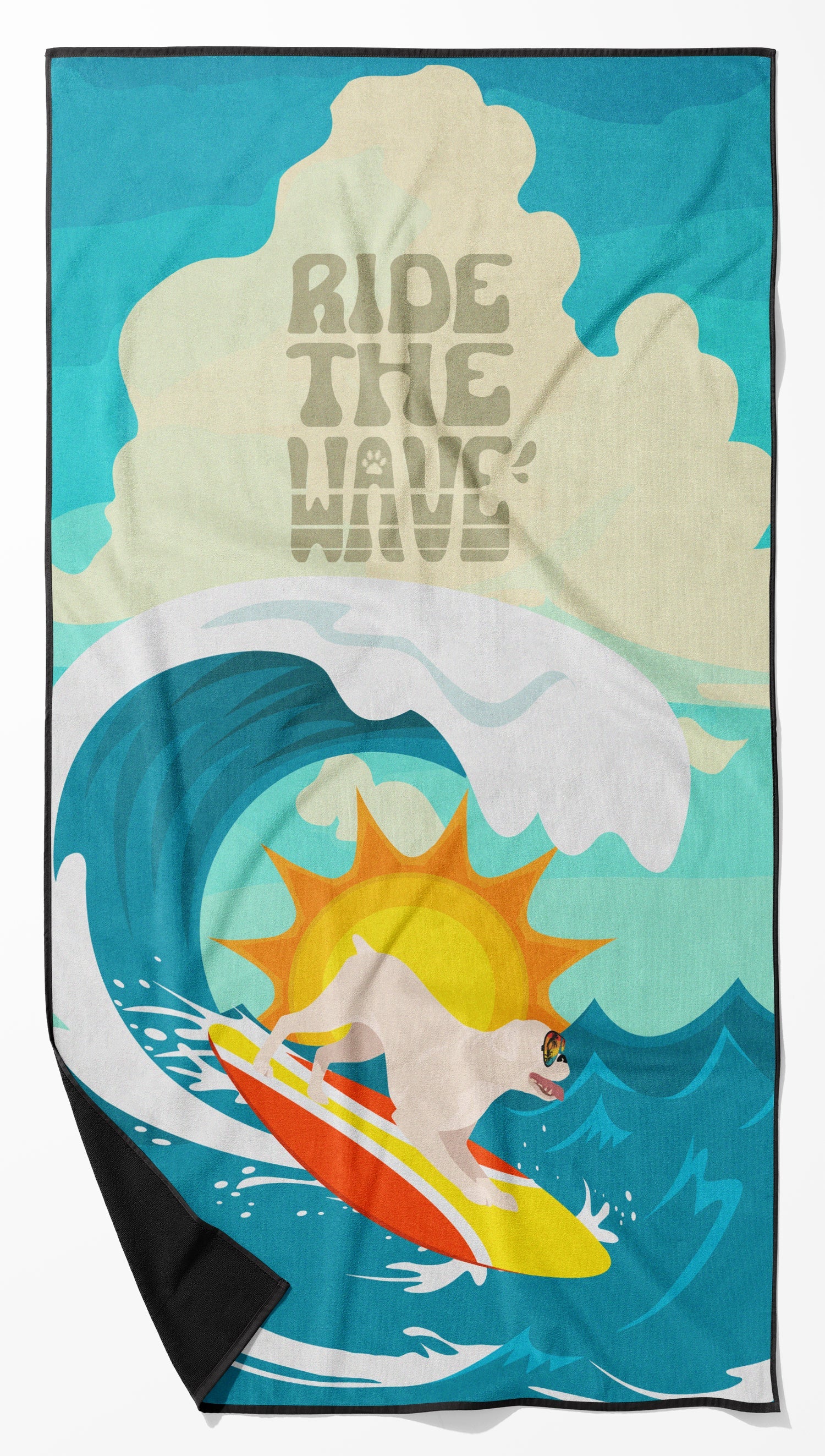 Surfer Dog White Boxer Premium Beach Towel Oversized Towel Beach Blanket, Pool, Beach Essentials, Yoga, Premium Bath Towel, Quick Dry Plush