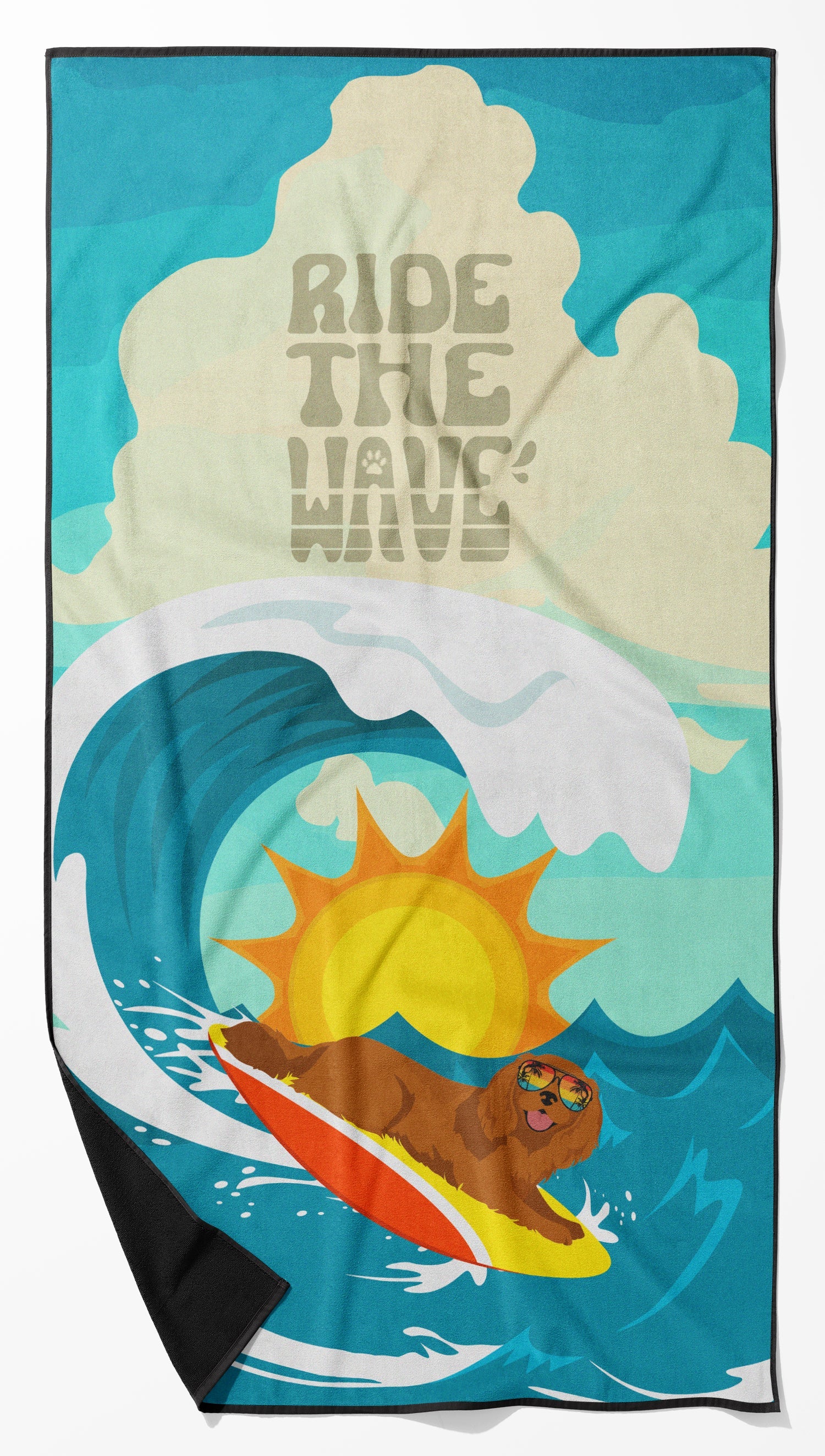 Surfer Dog Ruby Cavalier Spaniel Premium Beach Towel Oversized Towel Beach Blanket, Pool, Beach Essentials, Yoga, Premium Bath Towel, Quick Dry Plush