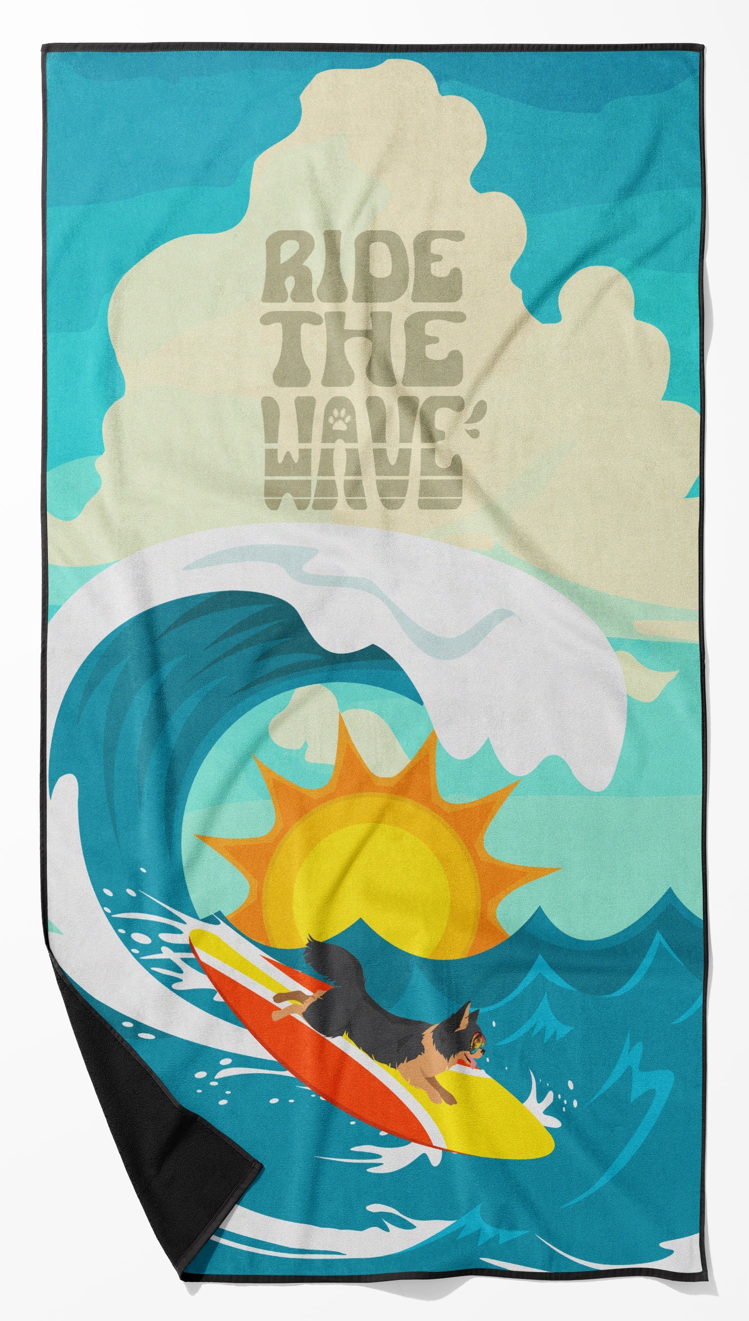 Surfer Dog Longhair Black Tan Chihuahua Premium Beach Towel Oversized Towel Beach Blanket, Pool, Beach Essentials, Yoga, Premium Bath Towel, Quick Dry Plush