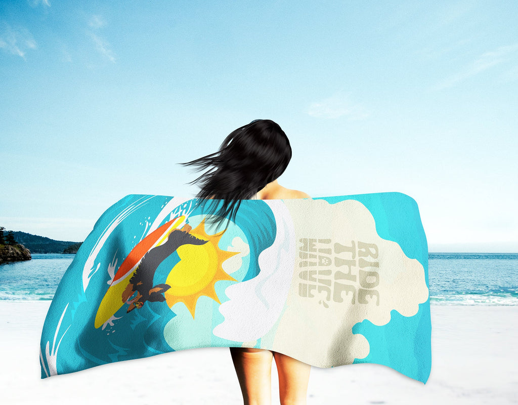 Surfer Dog Longhair Black Tan Dachshund Premium Beach Towel Oversized Towel Beach Blanket, Pool, Beach Essentials, Yoga, Premium Bath Towel, Quick Dry Plush