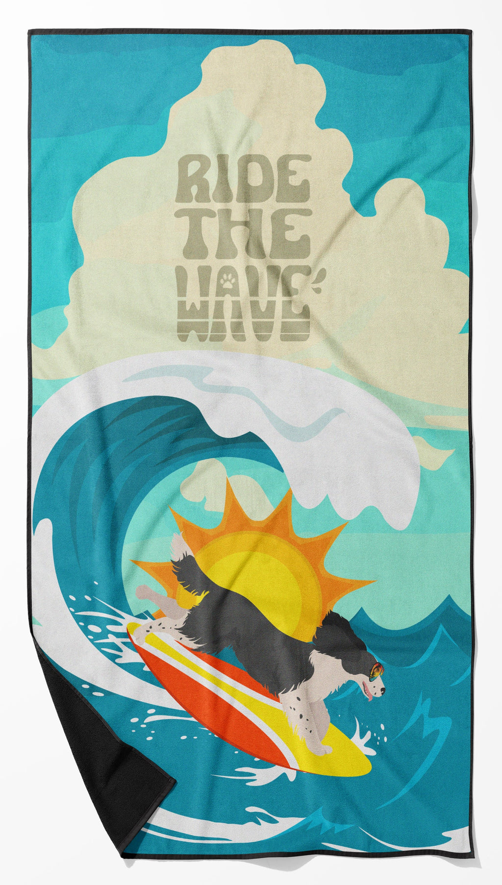 Surfer Dog Black English Springer Spaniel Premium Beach Towel Oversized Towel Beach Blanket, Pool, Beach Essentials, Yoga, Premium Bath Towel, Quick Dry Plush