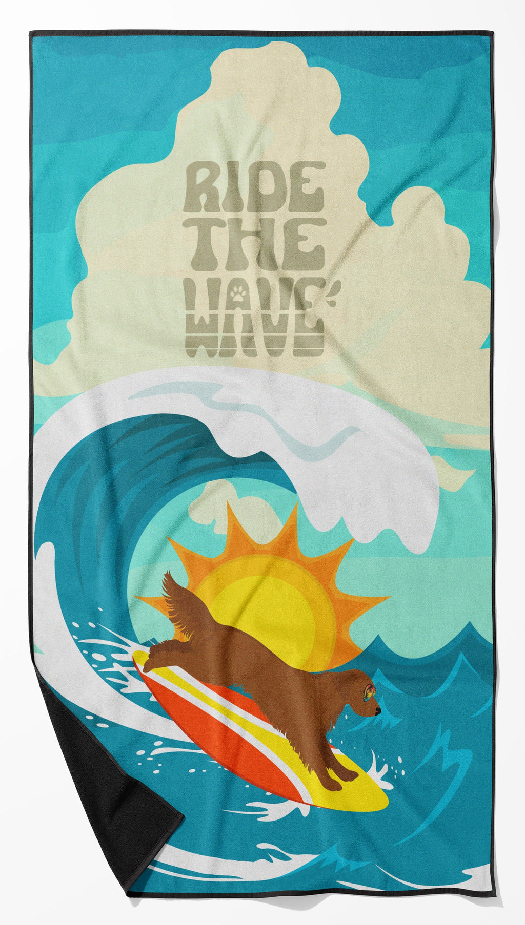 Surfer Dog Mahogany Golden Retriever Premium Beach Towel Oversized Towel Beach Blanket, Pool, Beach Essentials, Yoga, Premium Bath Towel, Quick Dry Plush