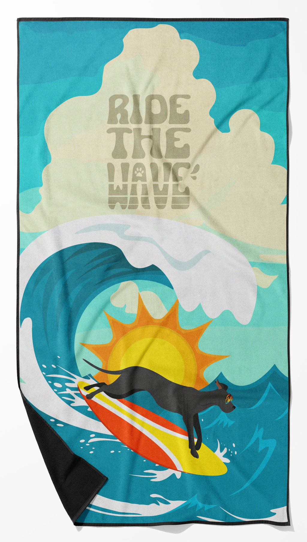 Surfer Dog Black Great Dane Premium Beach Towel Oversized Towel Beach Blanket, Pool, Beach Essentials, Yoga, Premium Bath Towel, Quick Dry Plush