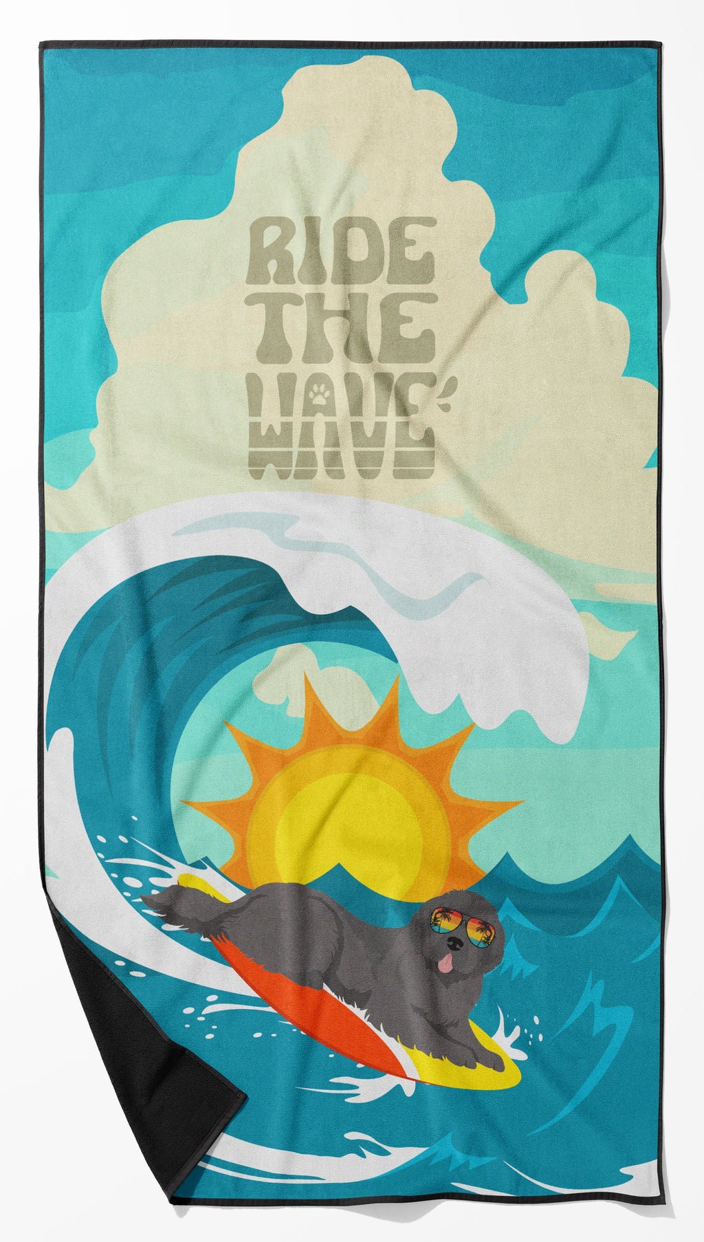 Surfer Dog Black Newfoundland Premium Beach Towel Oversized Towel Beach Blanket, Pool, Beach Essentials, Yoga, Premium Bath Towel, Quick Dry Plush